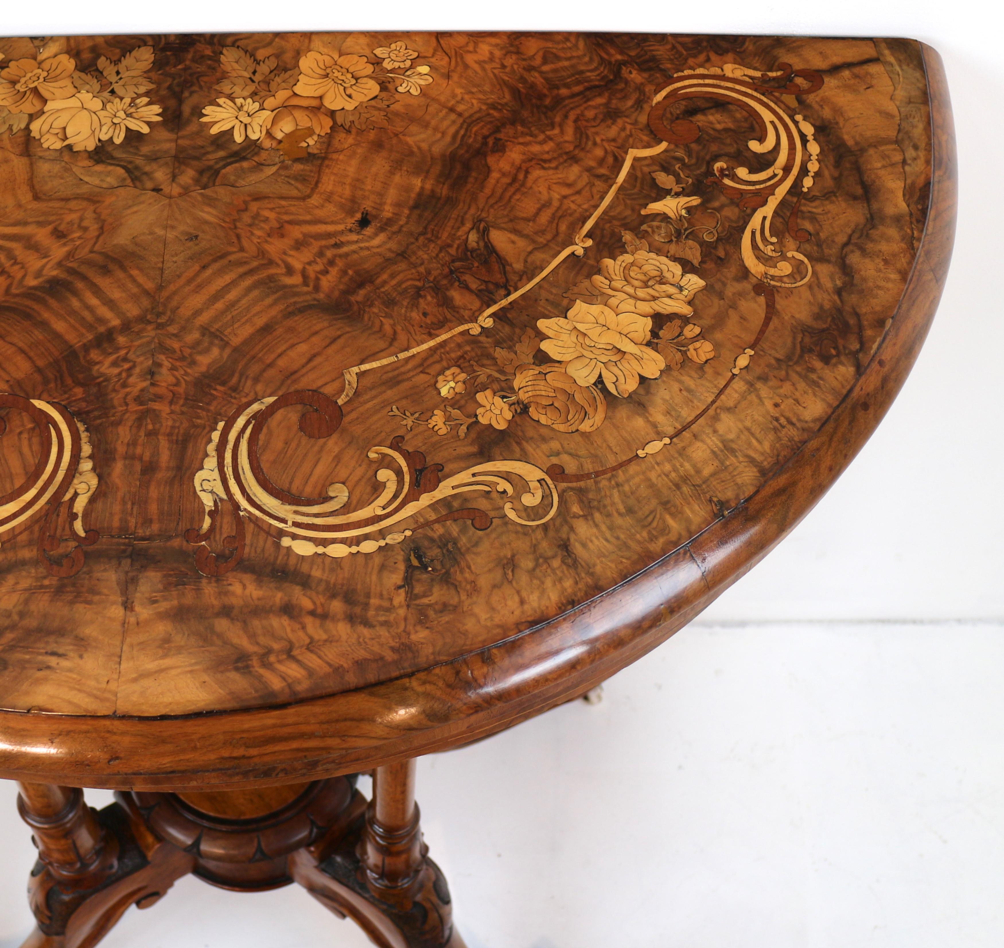Antique English Victorian Burr Walnut & Floral Marquetry Demi-Lune Card Table For Sale 6