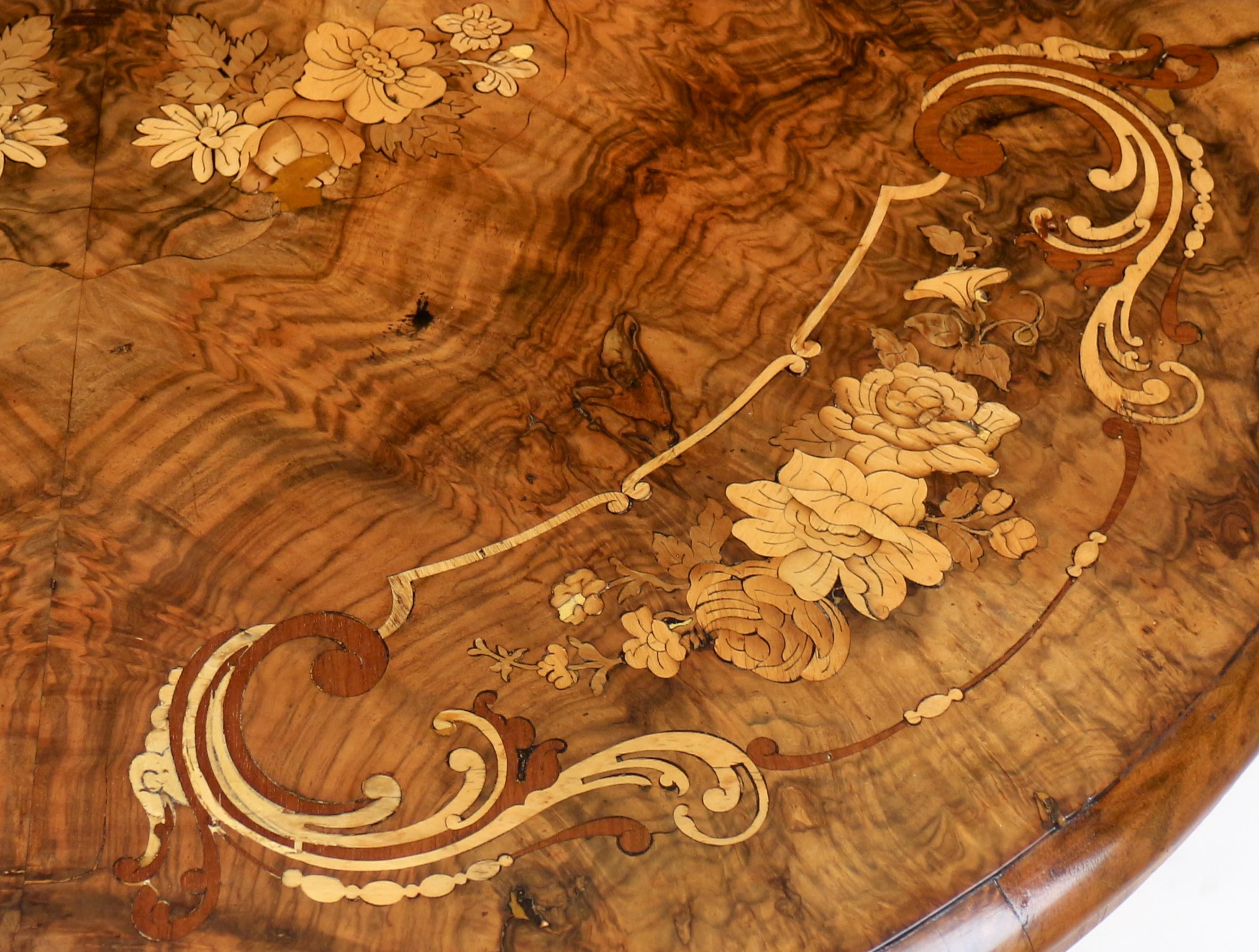 Antique English Victorian Burr Walnut & Floral Marquetry Demi-Lune Card Table For Sale 8