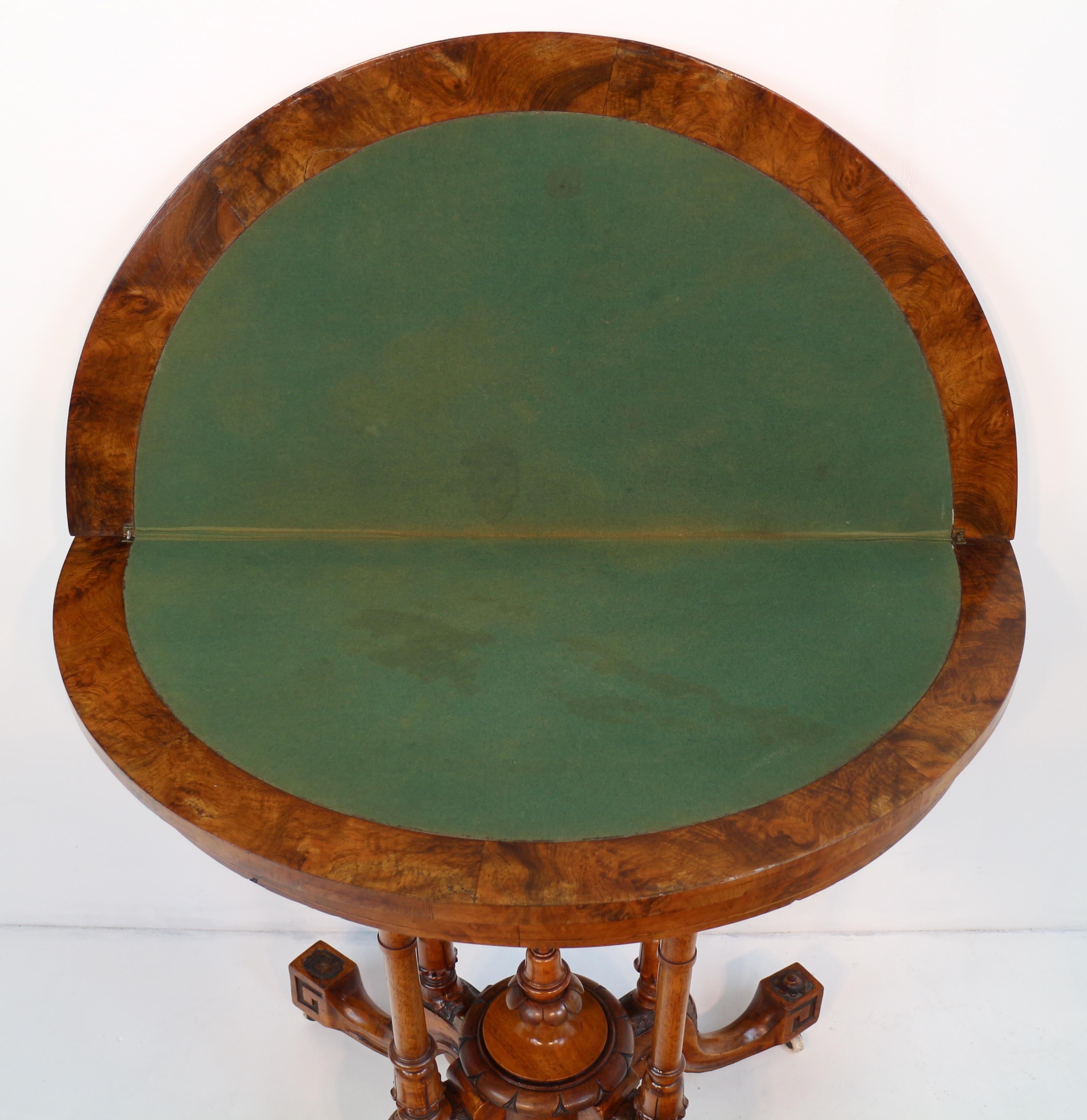 Antique English Victorian Burr Walnut & Floral Marquetry Demi-Lune Card Table For Sale 11