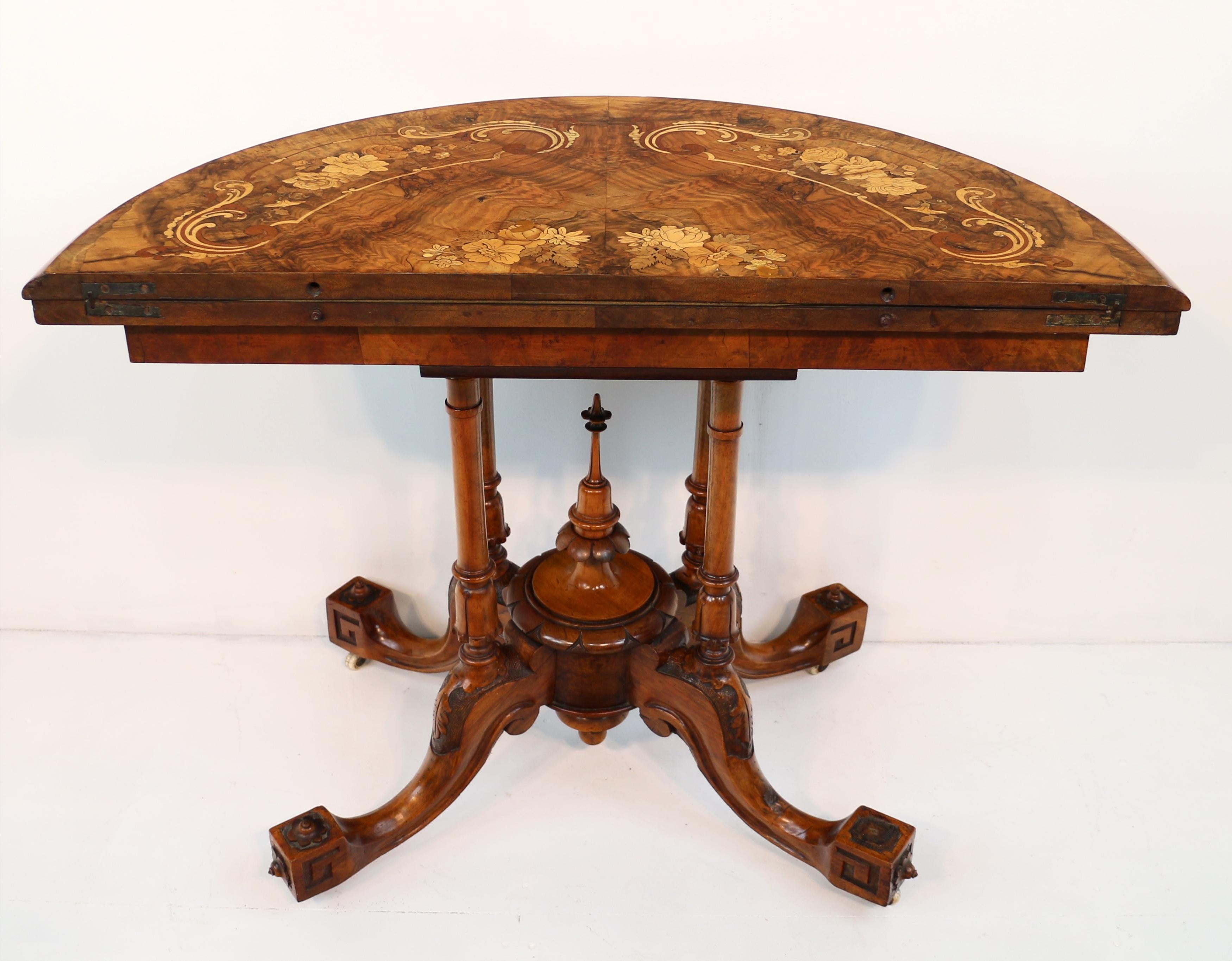 Antique English Victorian Burr Walnut & Floral Marquetry Demi-Lune Card Table For Sale 14