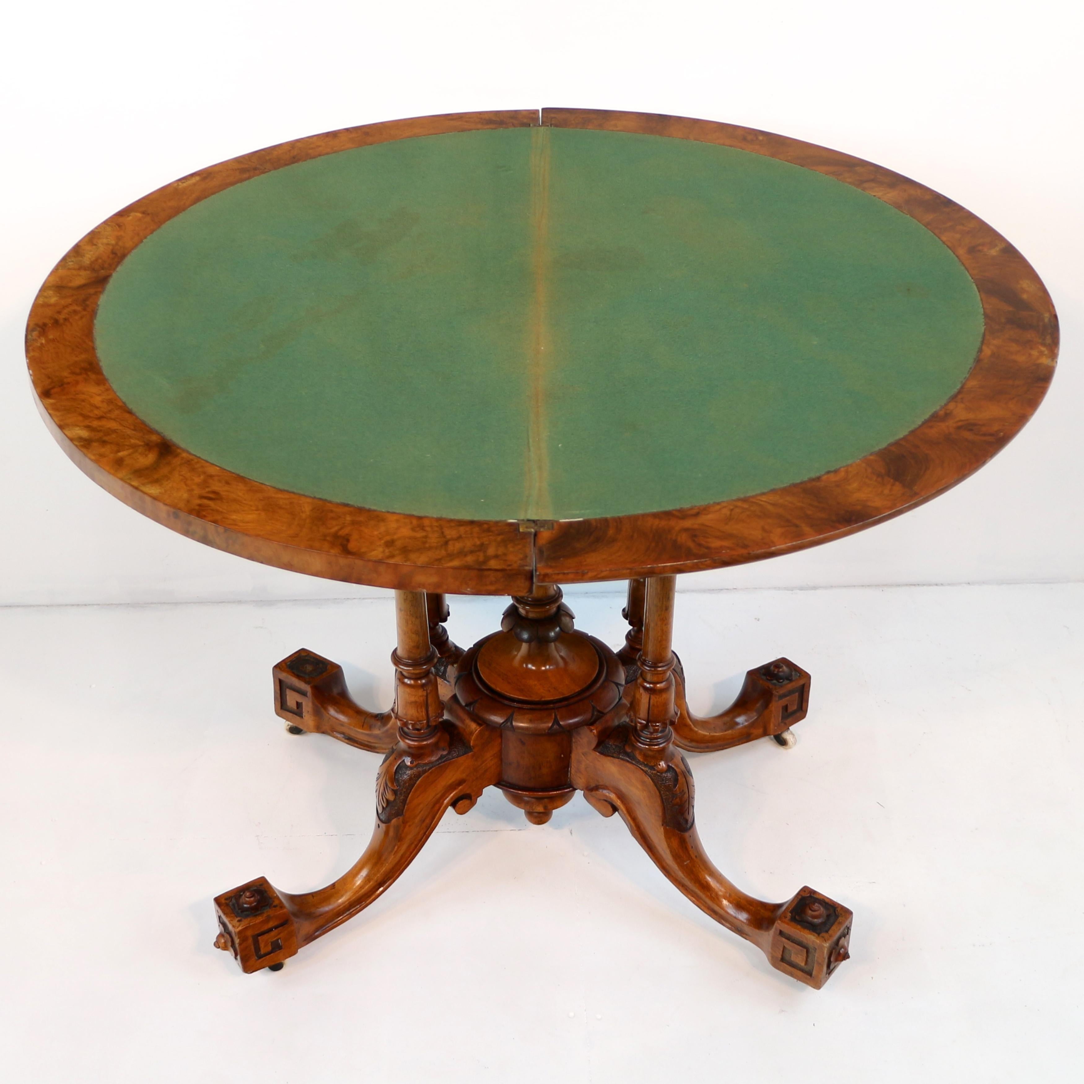 Antique English Victorian Burr Walnut & Floral Marquetry Demi-Lune Card Table In Good Condition For Sale In Glasgow, GB