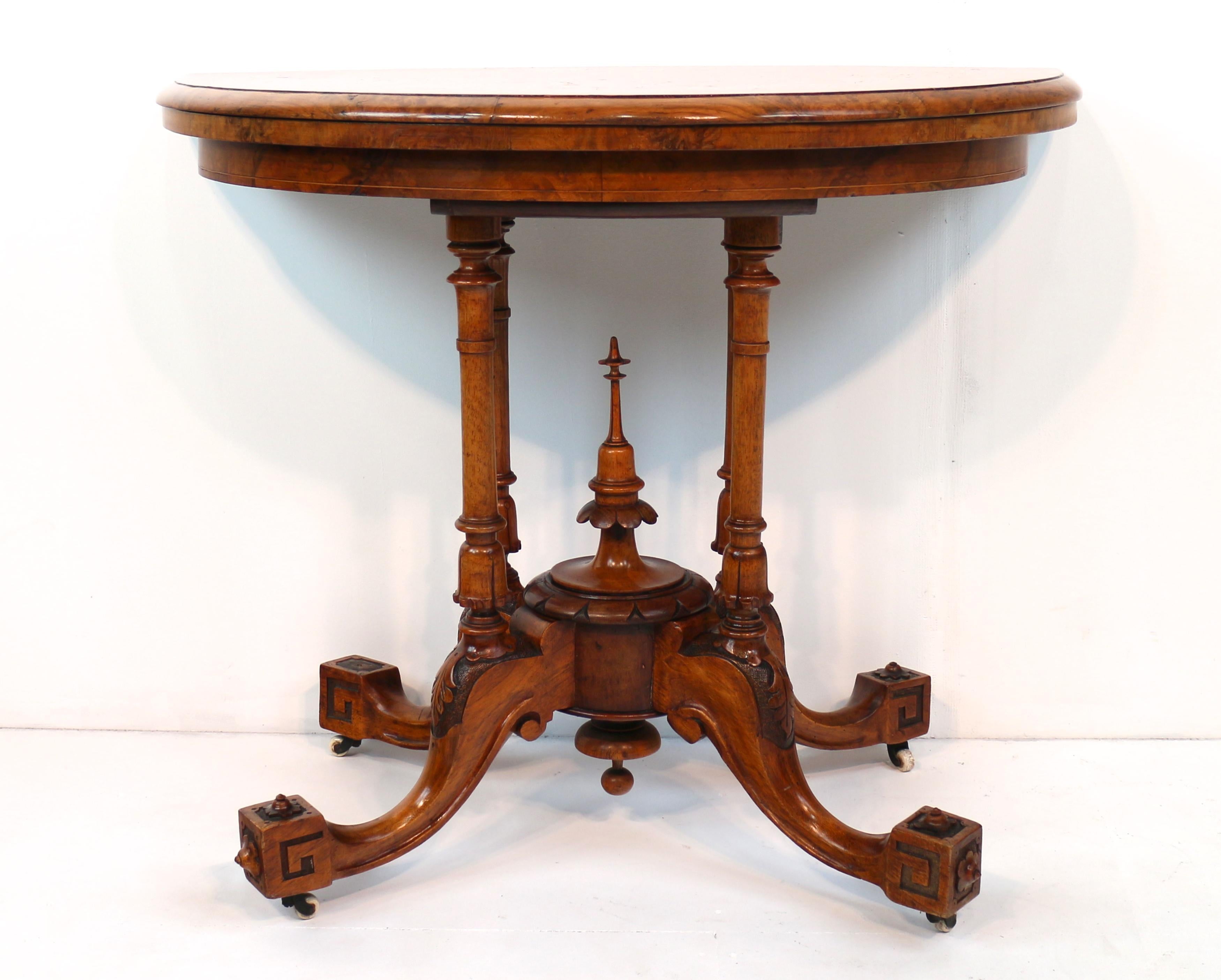 Antique English Victorian Burr Walnut & Floral Marquetry Demi-Lune Card Table For Sale 2