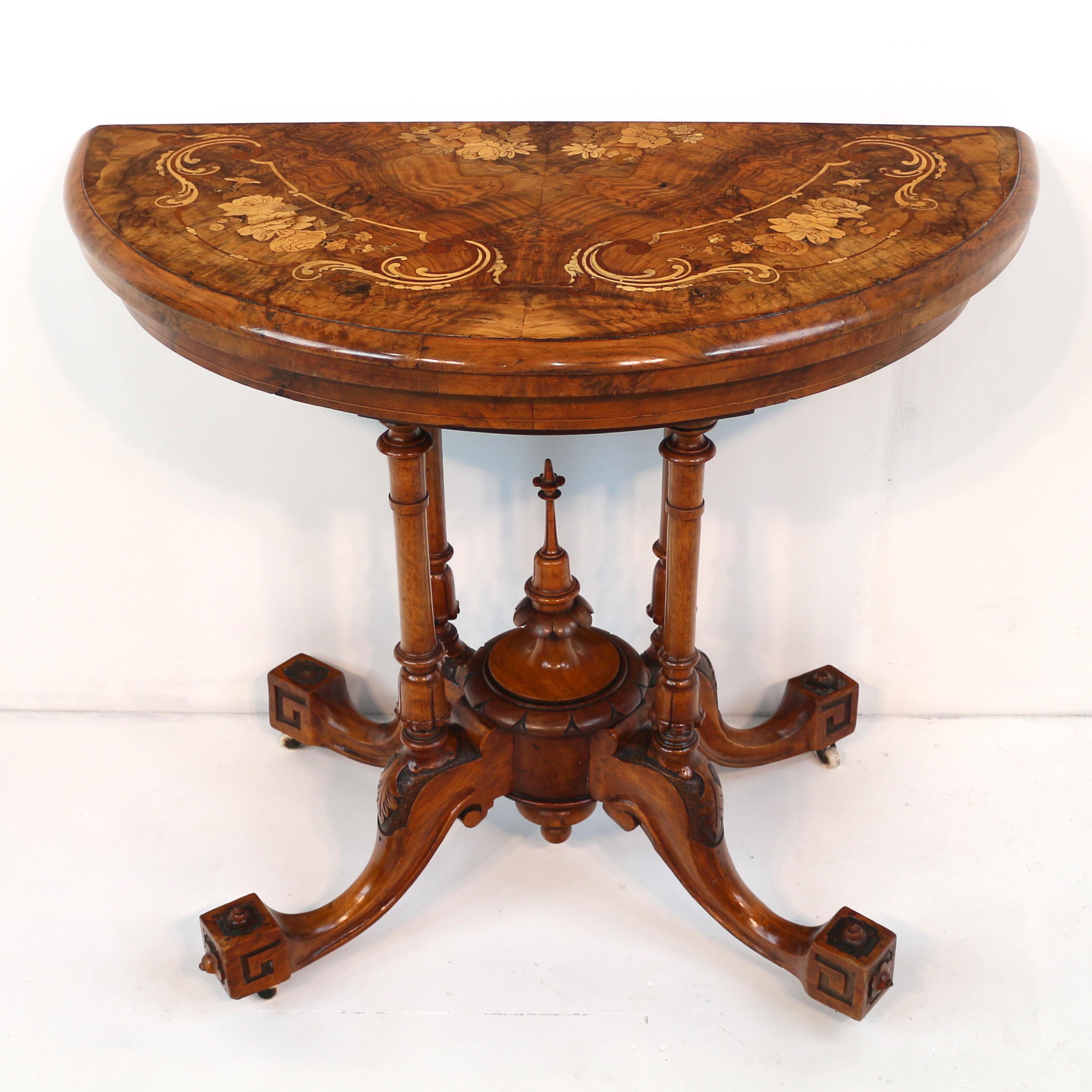 Antique English Victorian Burr Walnut & Floral Marquetry Demi-Lune Card Table For Sale 3