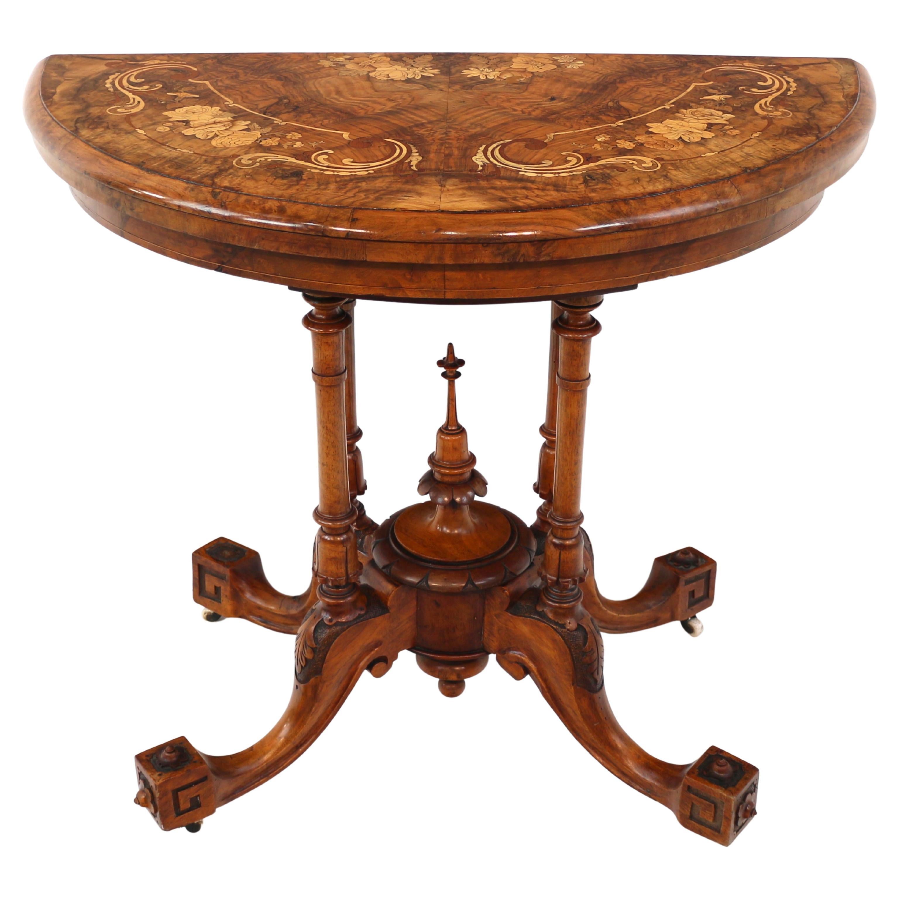 Antique English Victorian Burr Walnut & Floral Marquetry Demi-Lune Card Table For Sale