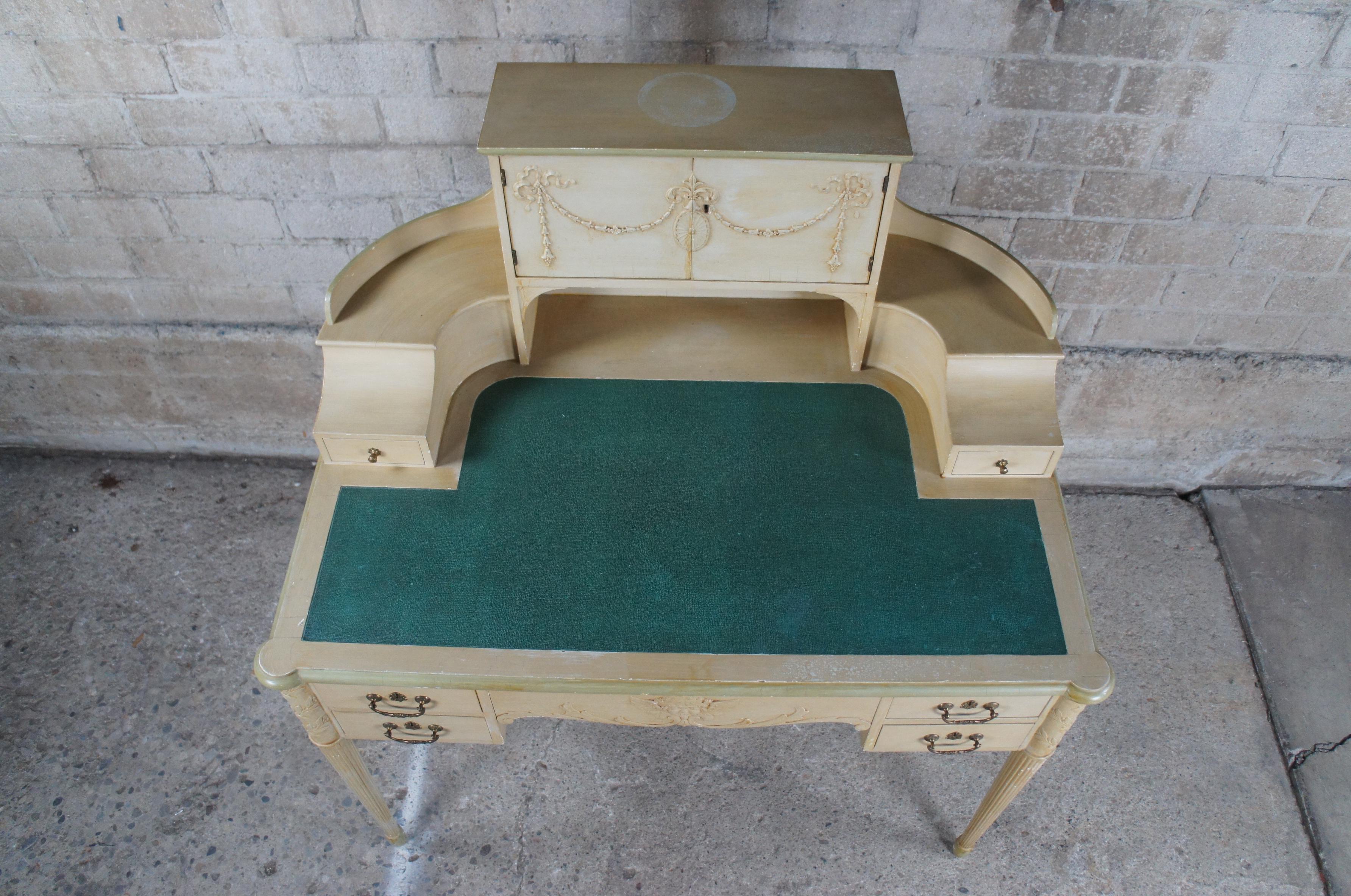 Antique English Victorian Carlton House Painted Library Writing Desk Vinyl Top In Good Condition For Sale In Dayton, OH