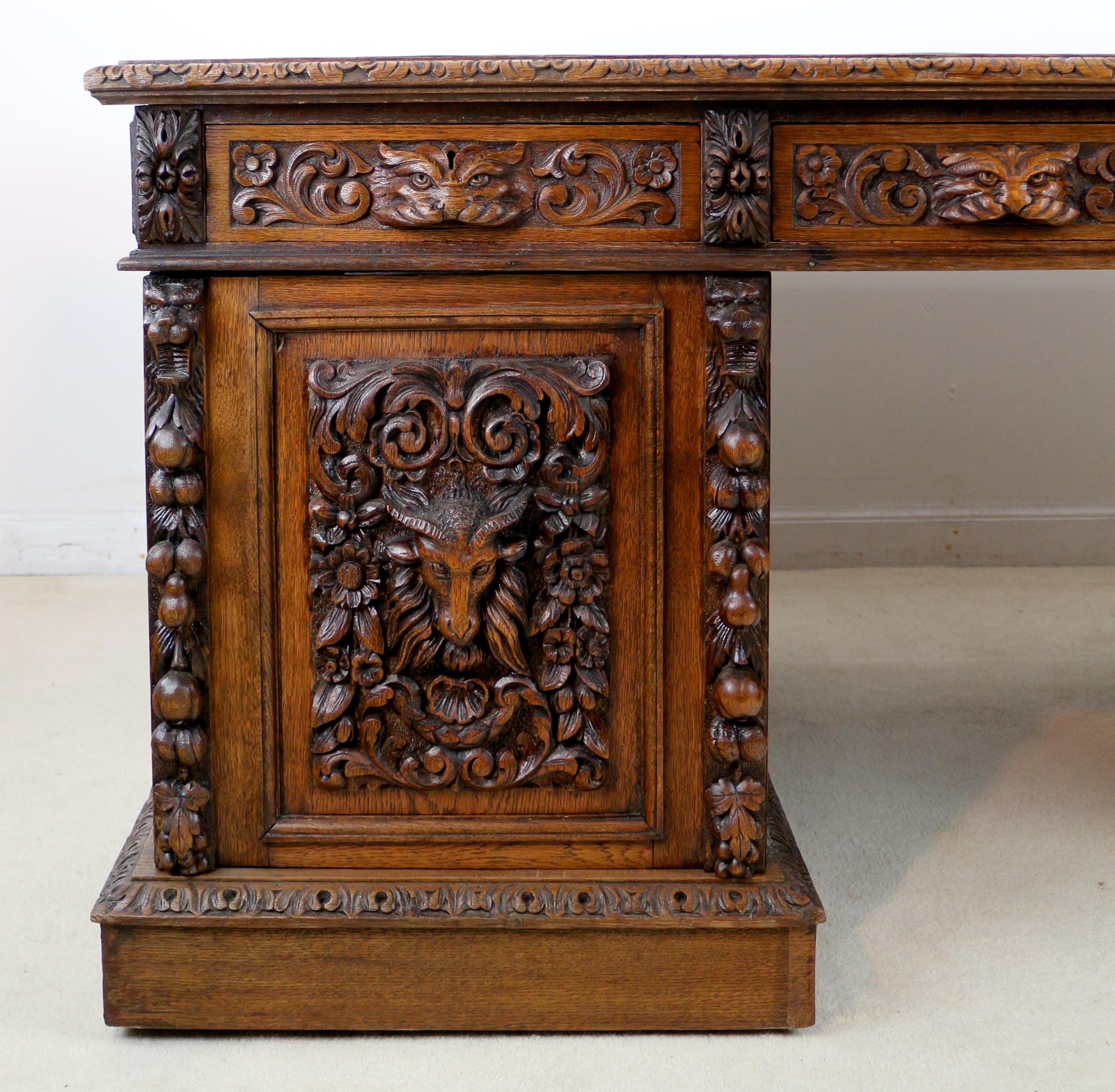 Antique English Victorian Carved Oak Elizabethan Revival Greenman Partners Desk 2