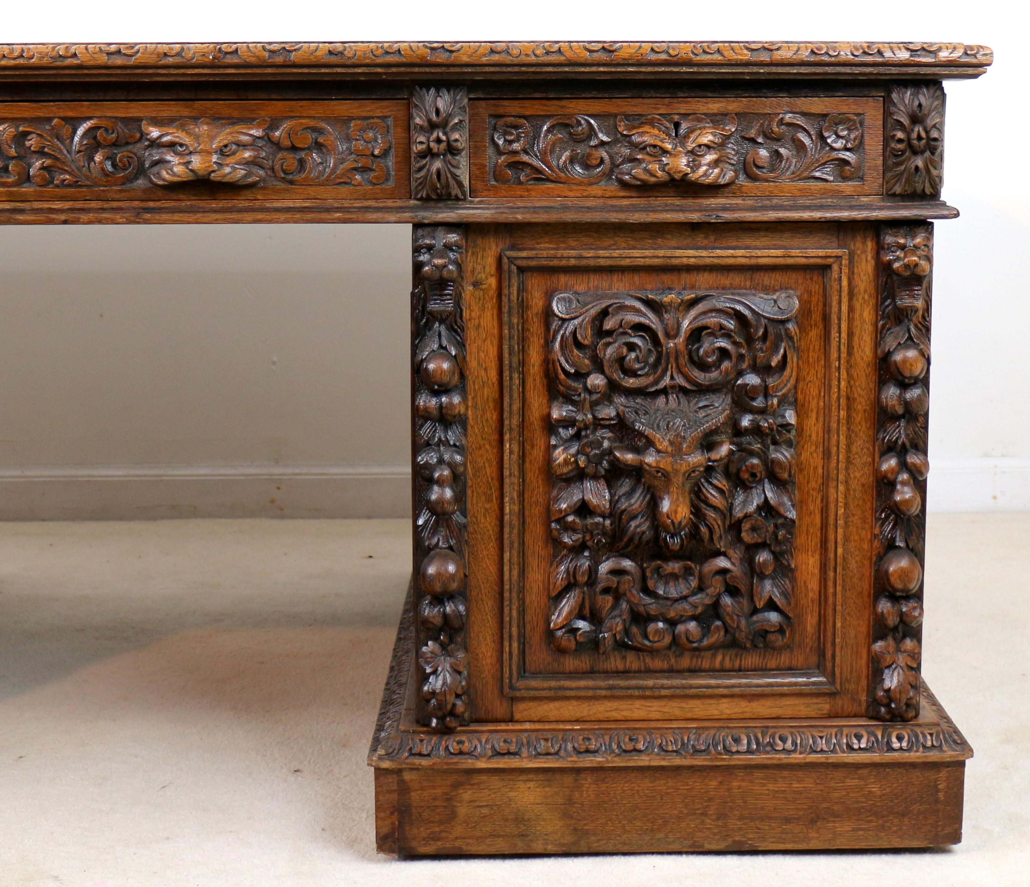 Antique English Victorian Carved Oak Elizabethan Revival Greenman Partners Desk 3