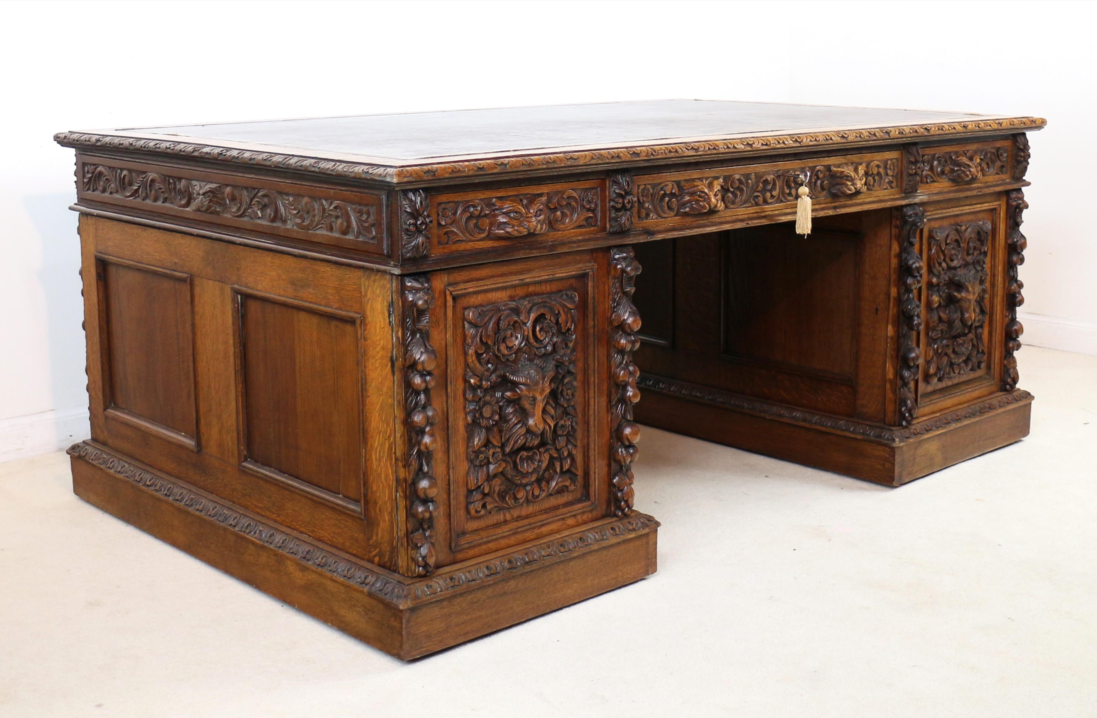 Antique English Victorian Carved Oak Elizabethan Revival Greenman Partners Desk 4