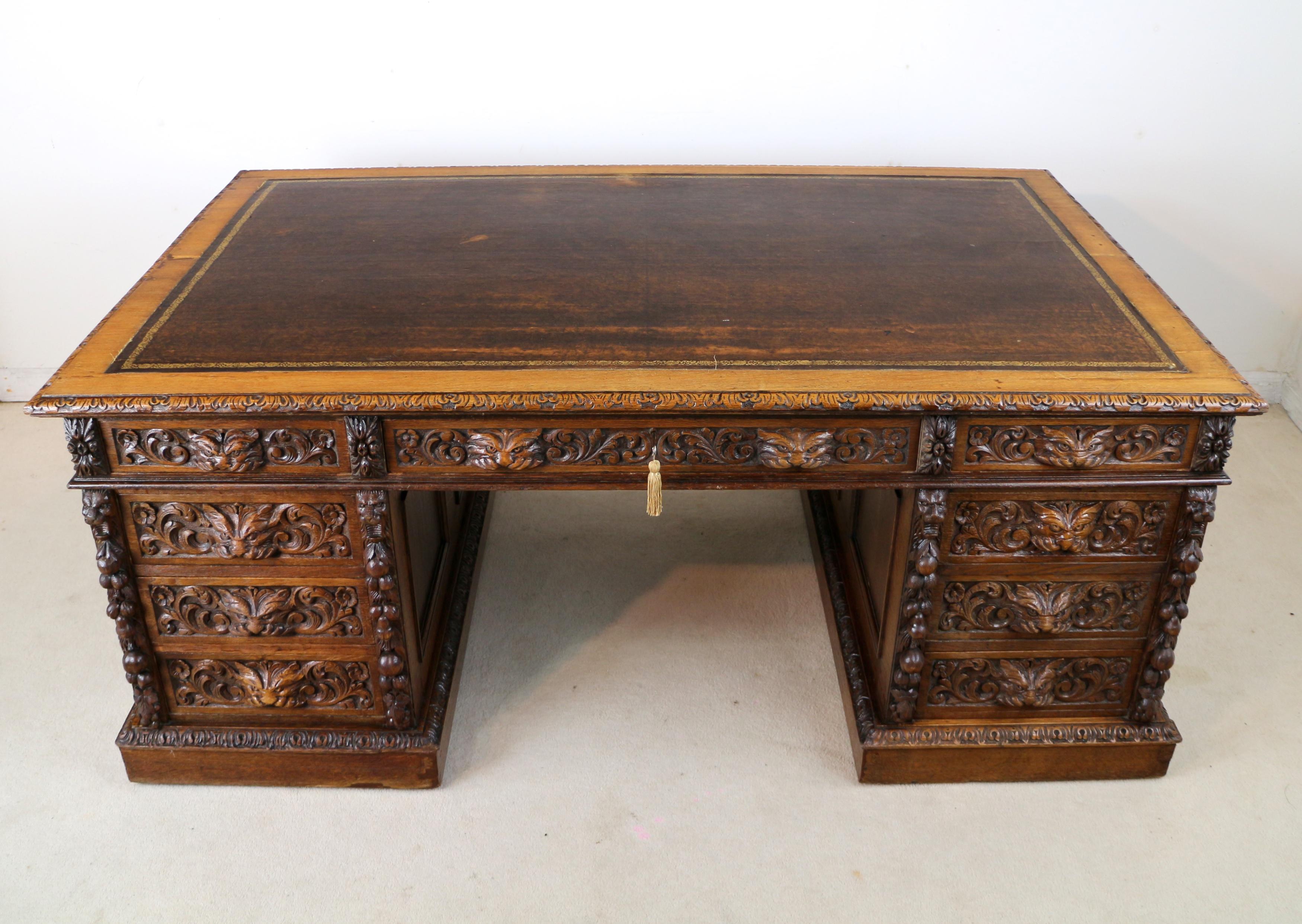 Antique English Victorian Carved Oak Elizabethan Revival Greenman Partners Desk 7