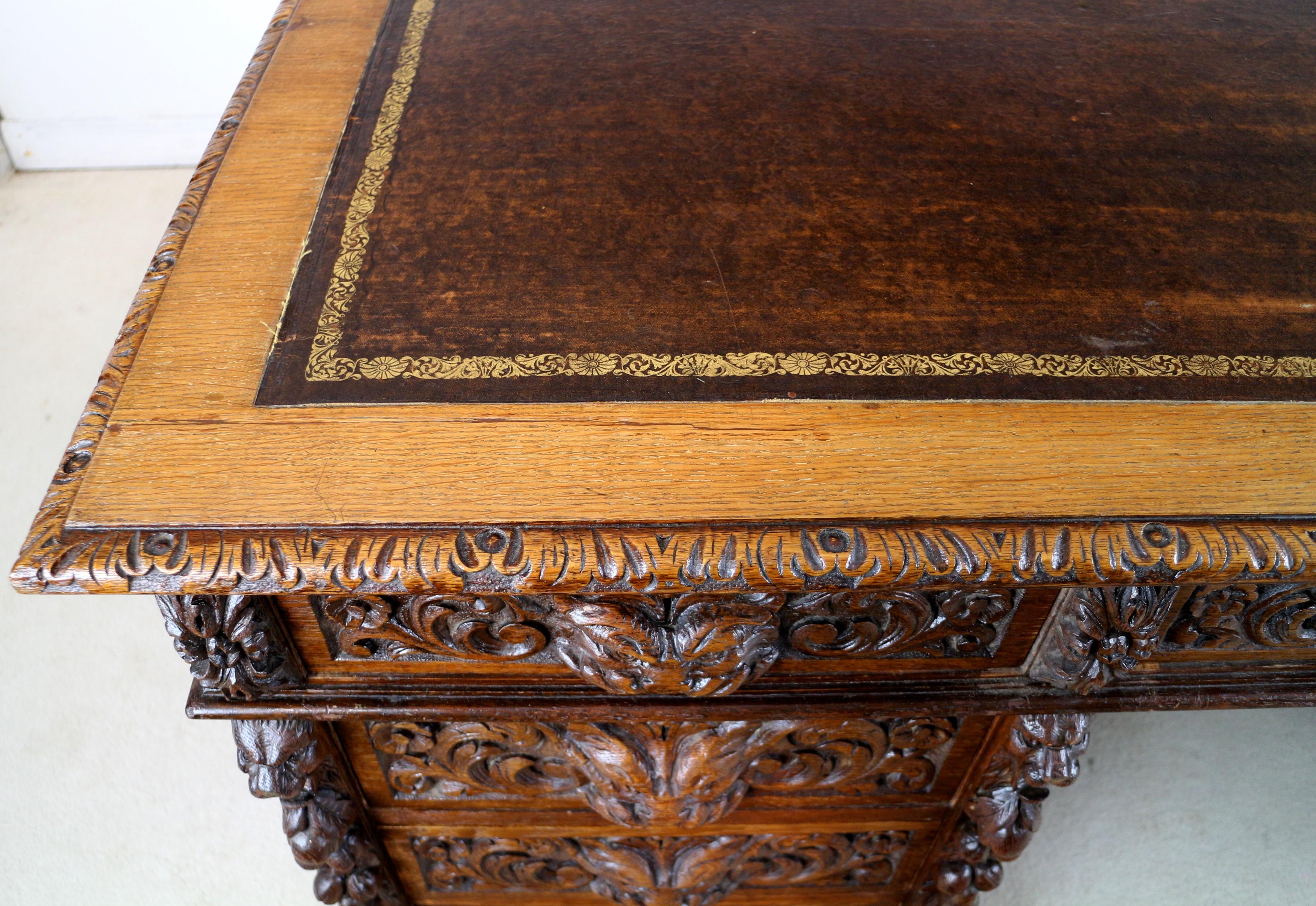 Antique English Victorian Carved Oak Elizabethan Revival Greenman Partners Desk 10
