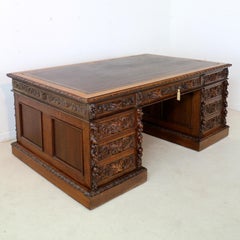 Antique English Victorian Carved Oak Elizabethan Revival Greenman Partners Desk