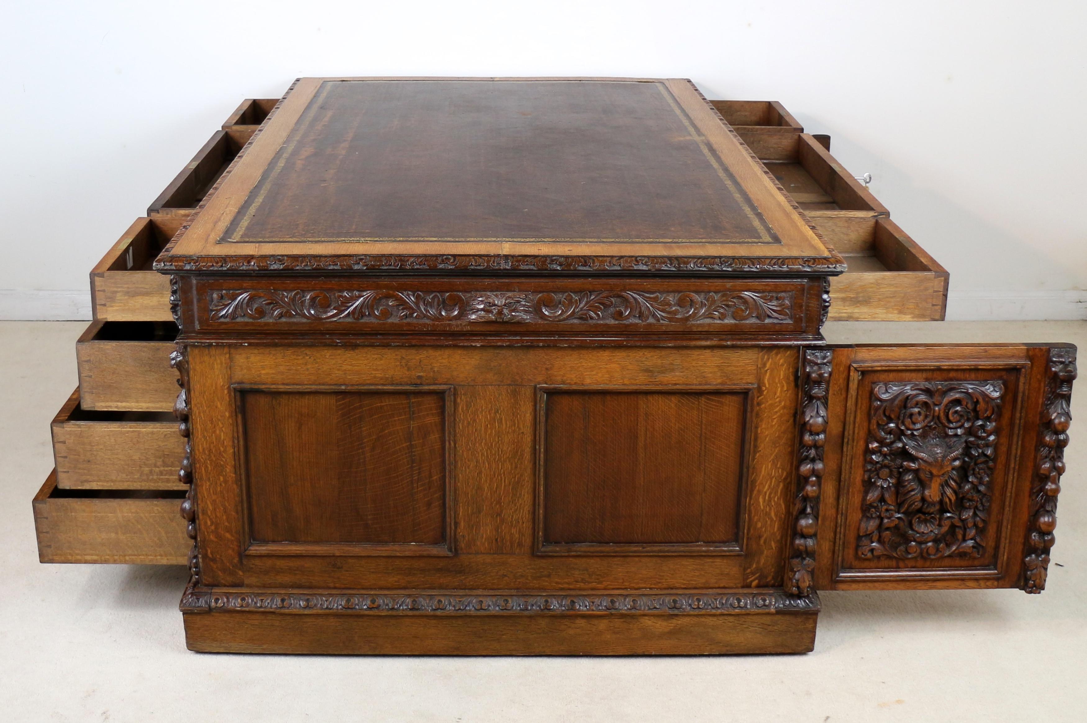 Antique English Victorian Carved Oak Elizabethan Revival Greenman Partners Desk 12