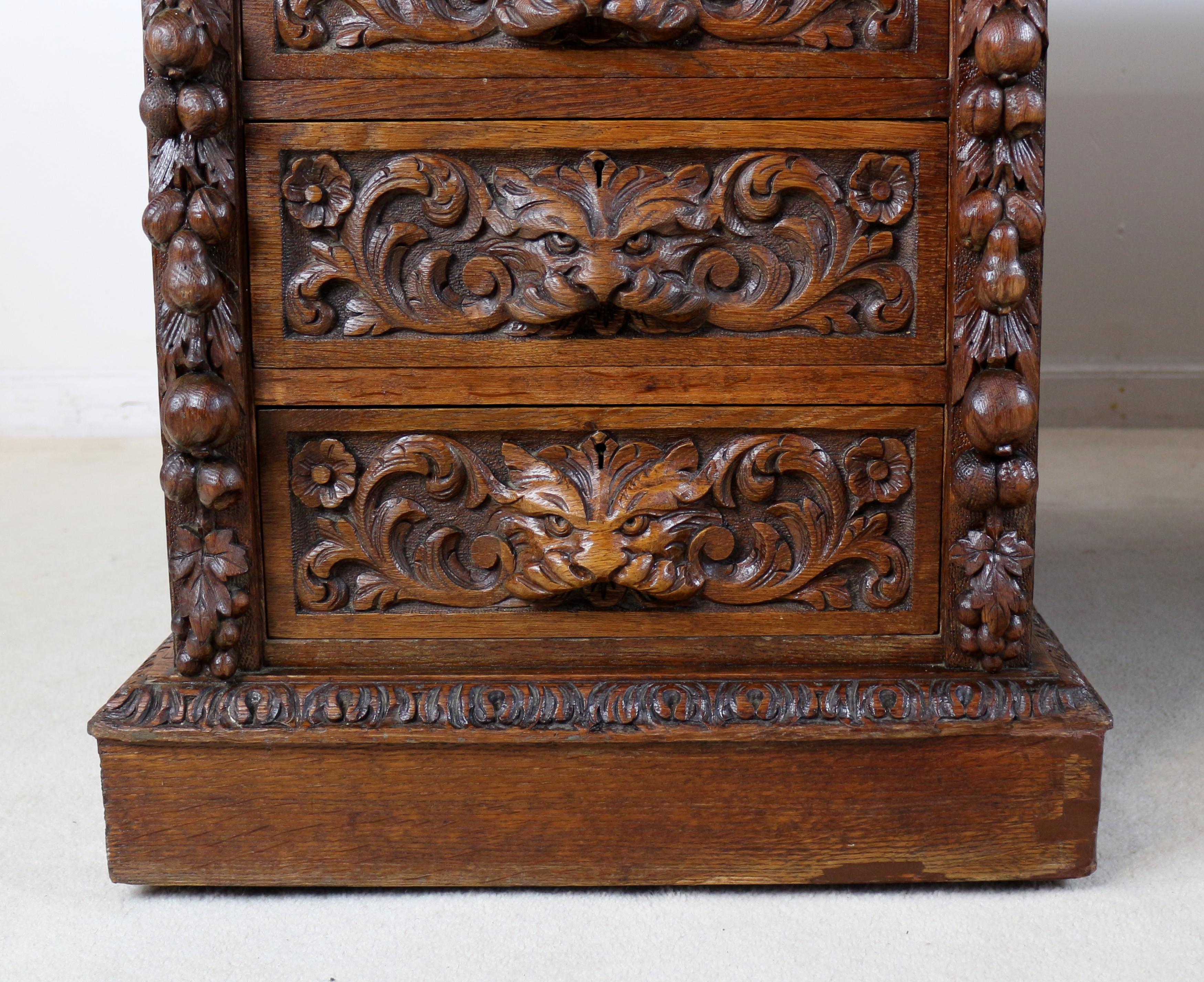 19th Century Antique English Victorian Carved Oak Elizabethan Revival Greenman Partners Desk