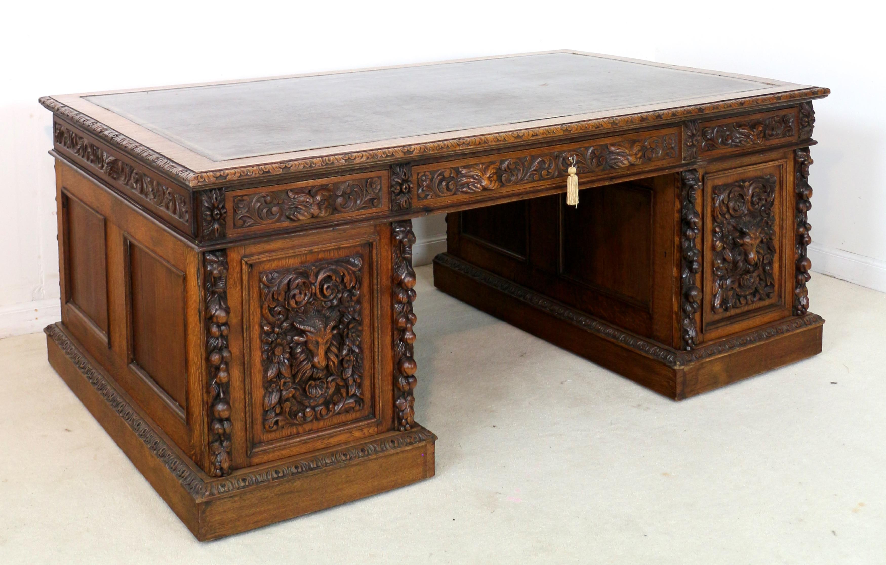 Faux Leather Antique English Victorian Carved Oak Elizabethan Revival Greenman Partners Desk