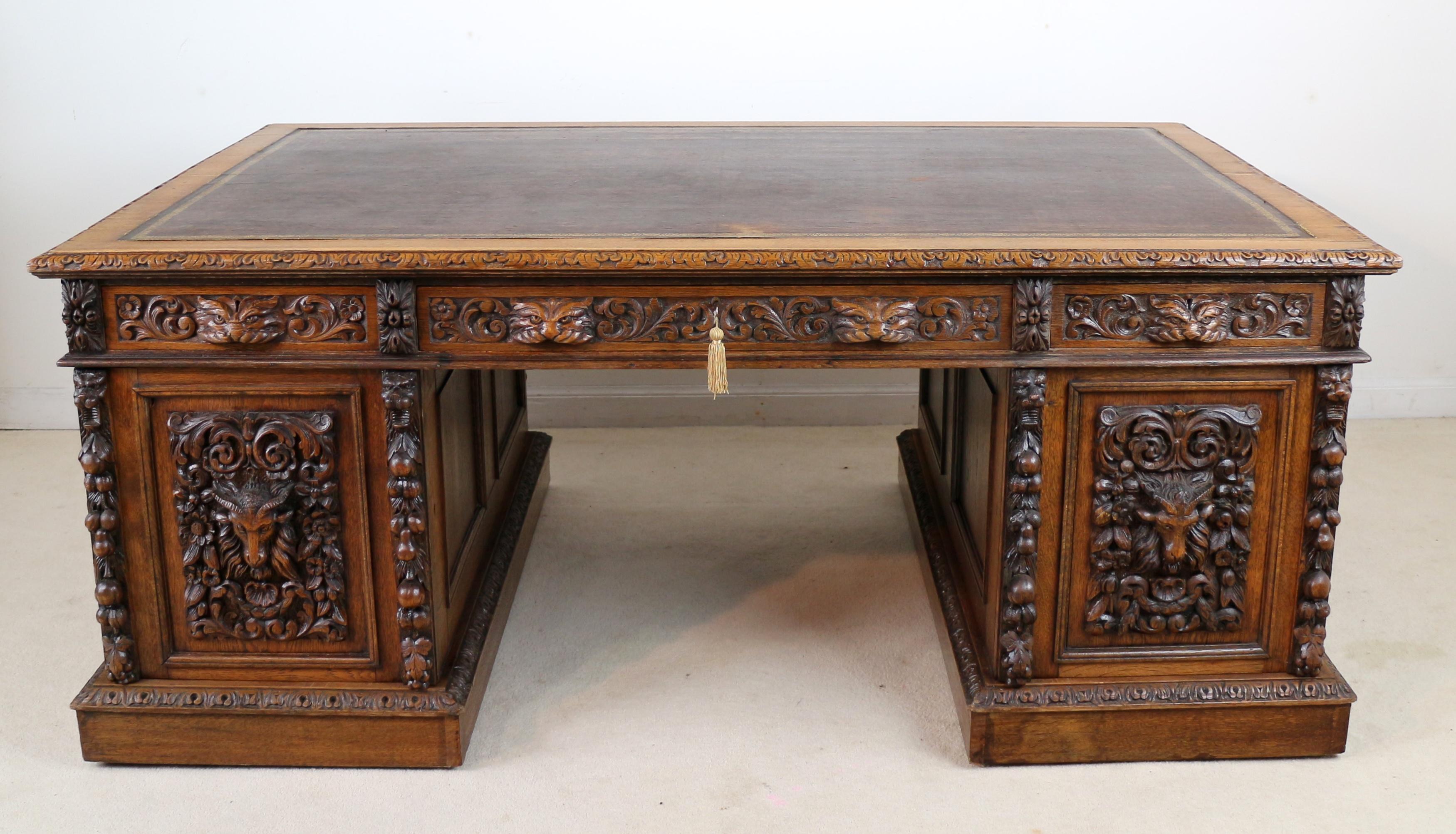 Antique English Victorian Carved Oak Elizabethan Revival Greenman Partners Desk 1
