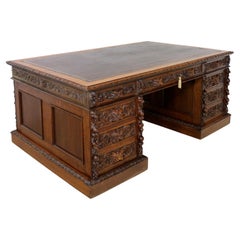 Antique English Victorian Carved Oak Elizabethan Revival Greenman Partners Desk