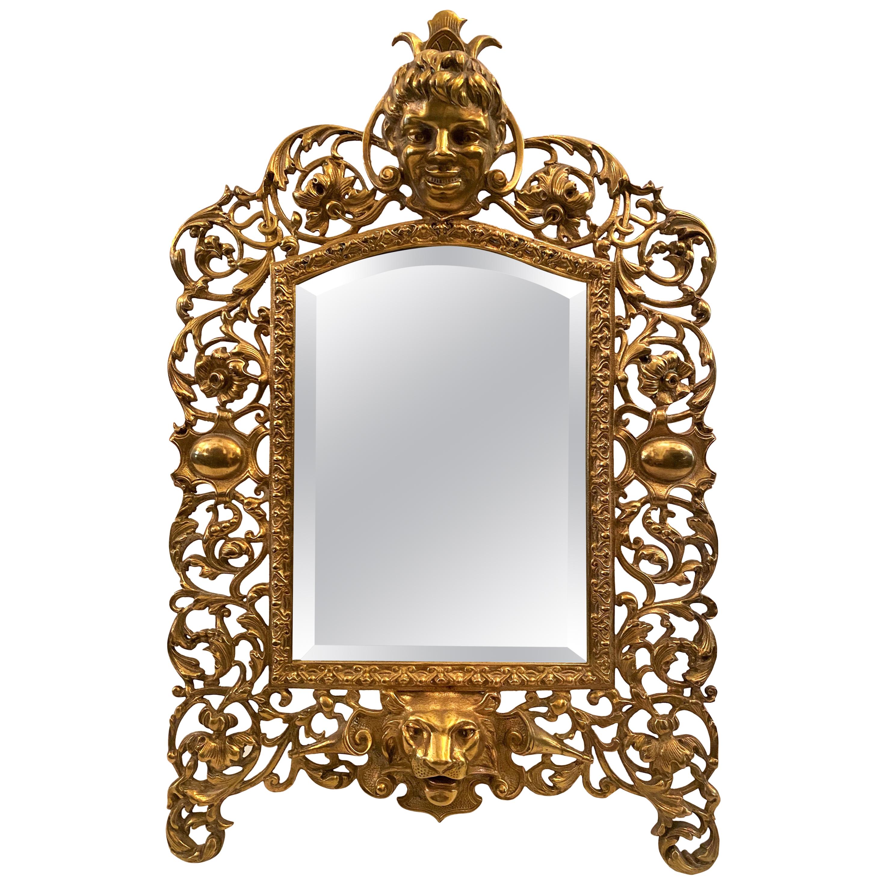 Antique English Victorian Cast Brass Ornately Framed Beveled Mirror, circa 1880