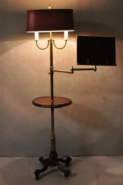Antique English Victorian Cast Iron Paw Foot Walnut & Brass Lectern Table w Lamp