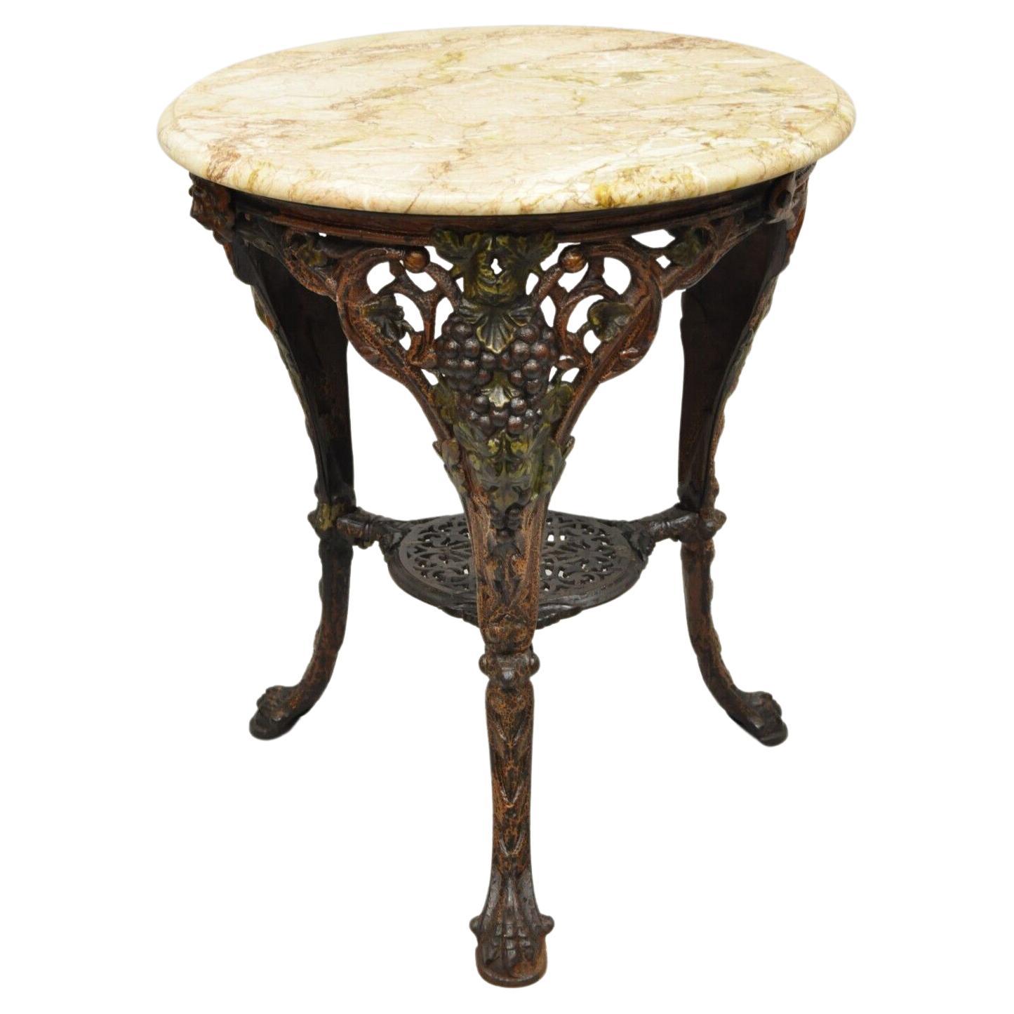 Antique English Victorian Cast Iron Round Marble Top Pub Table For Sale