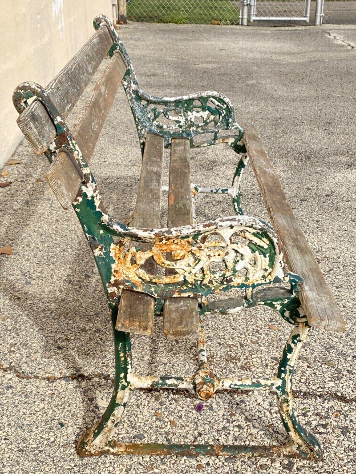Antique English Victorian Cast Iron Wooden Slat Garden Seat Patio Park Bench For Sale 6