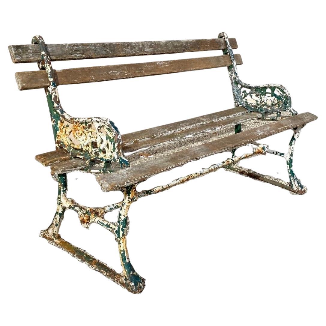 Antique English Victorian Cast Iron Wooden Slat Garden Seat Patio Park Bench For Sale