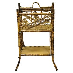 Antique English Victorian Charred Burnt Bamboo Magazine Rack Stand Shelf