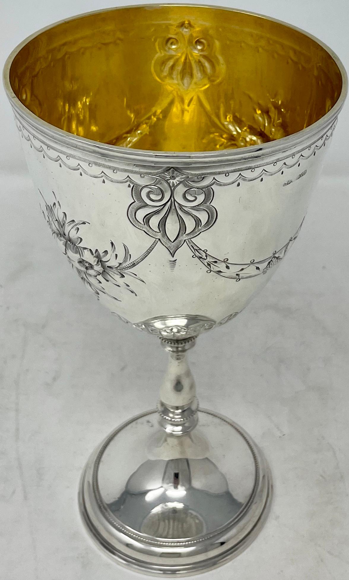 Antique English Victorian Chased Silver-Plated Goblet, Circa 1900.
Heavy Goblet with Beautiful Tracing and a Gold Wash Interior.
