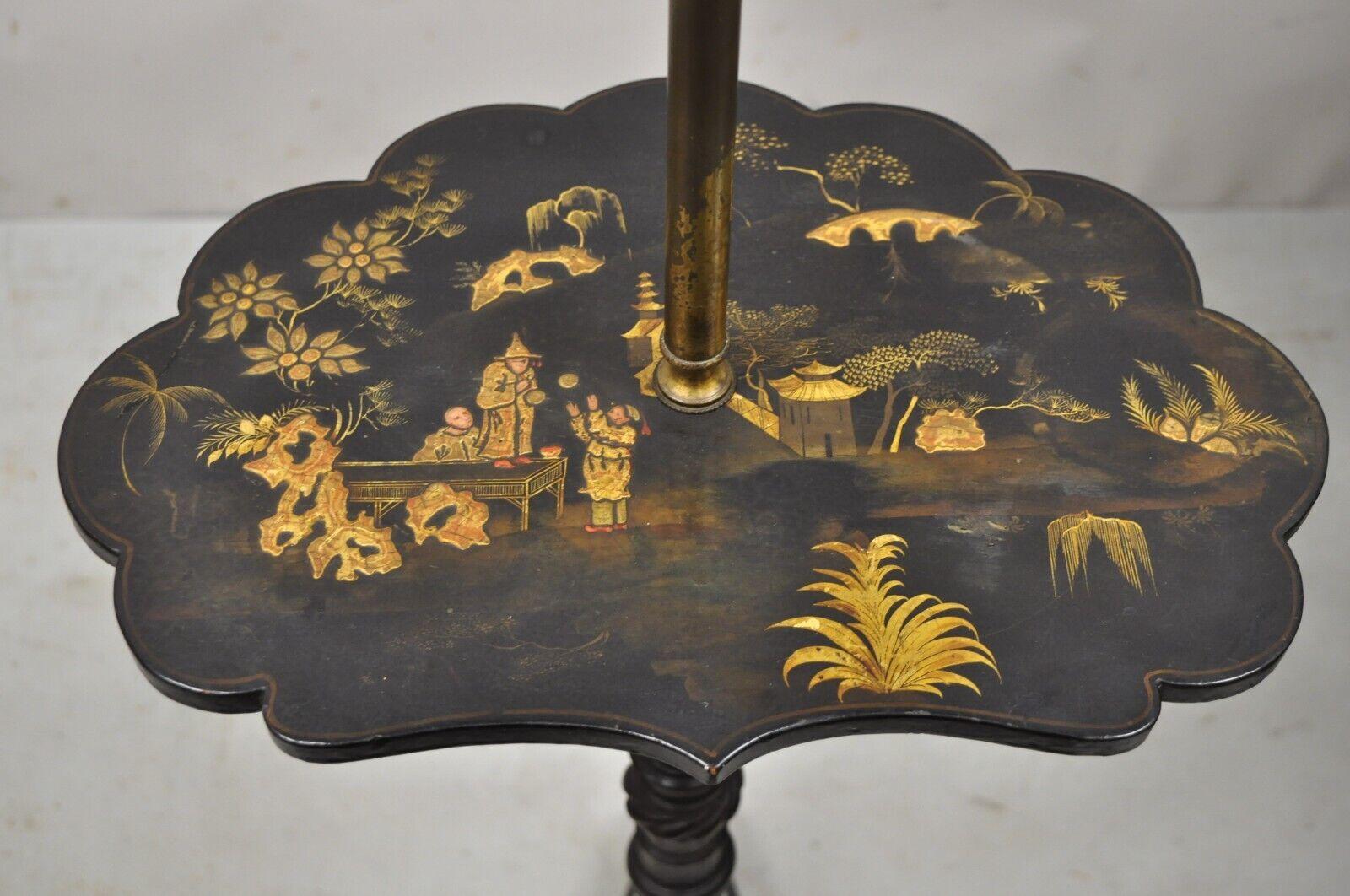 Antigua Lámpara de Pie Inglesa Victoriana Chinoiserie Lacada con Mesa Festoneada en Bueno estado para la venta en Philadelphia, PA