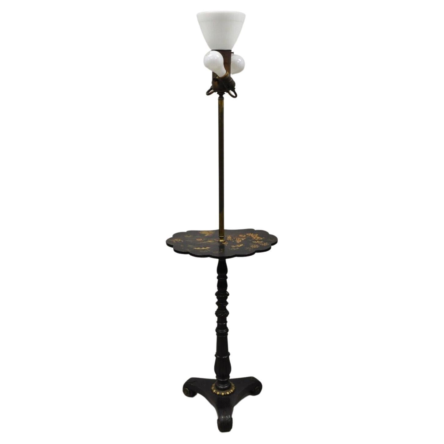 Antique English Victorian Chinoiserie Lacquered Floor Lamp with Scalloped Table For Sale