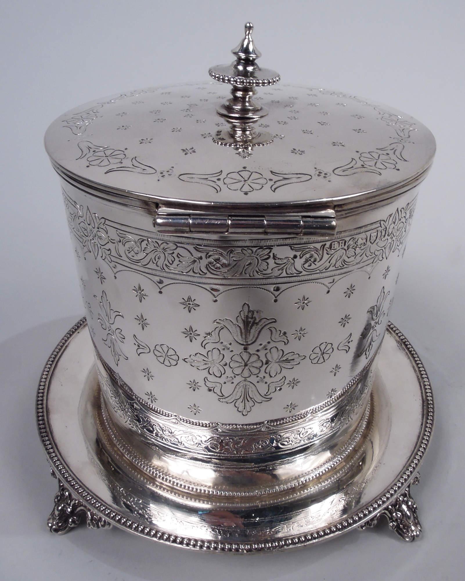 British Antique English Victorian Classical Sterling Silver Biscuit Jar, 1872 For Sale