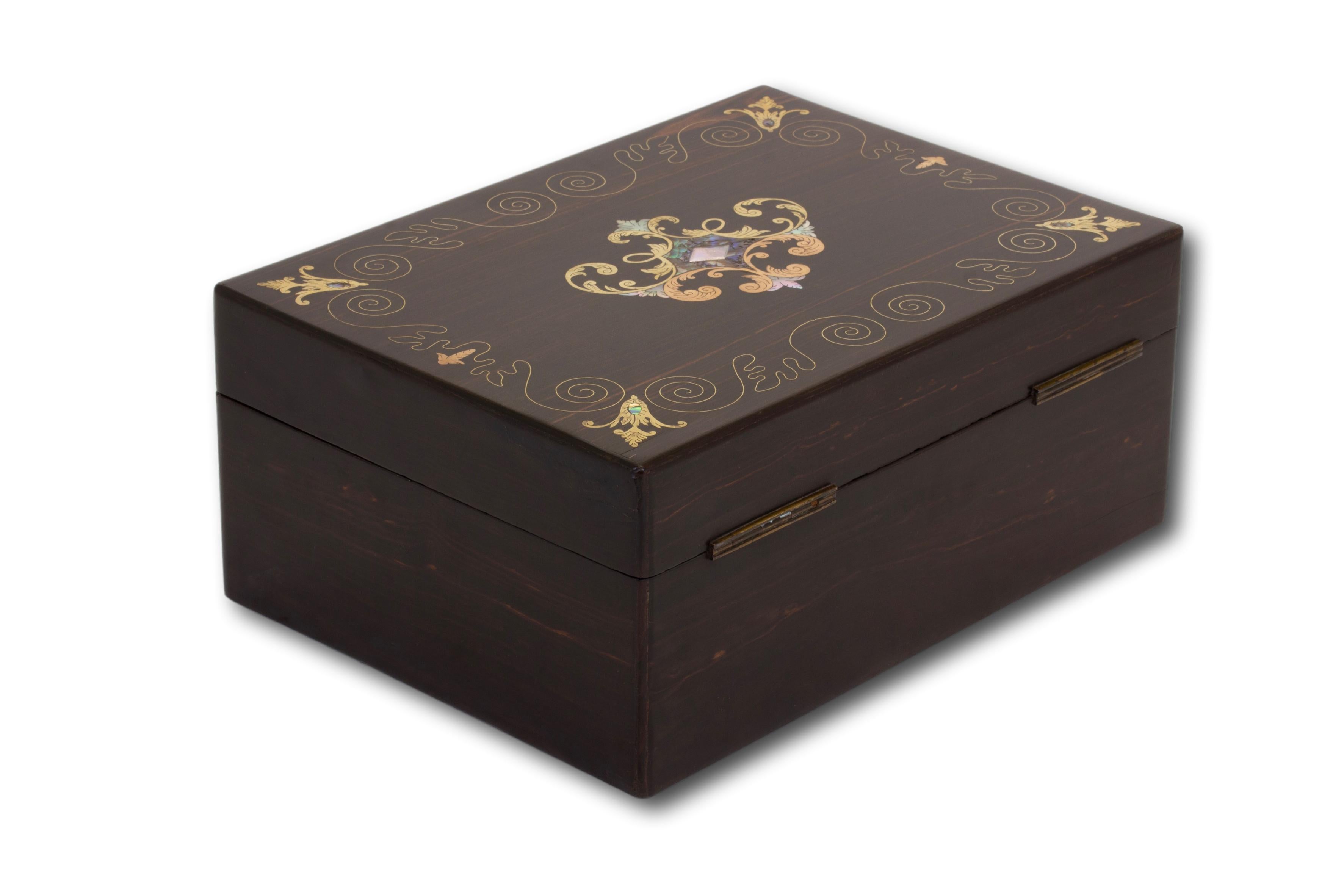 High Victorian Antique English Victorian Coromandel and Mother of Pearl Jewellery Box For Sale