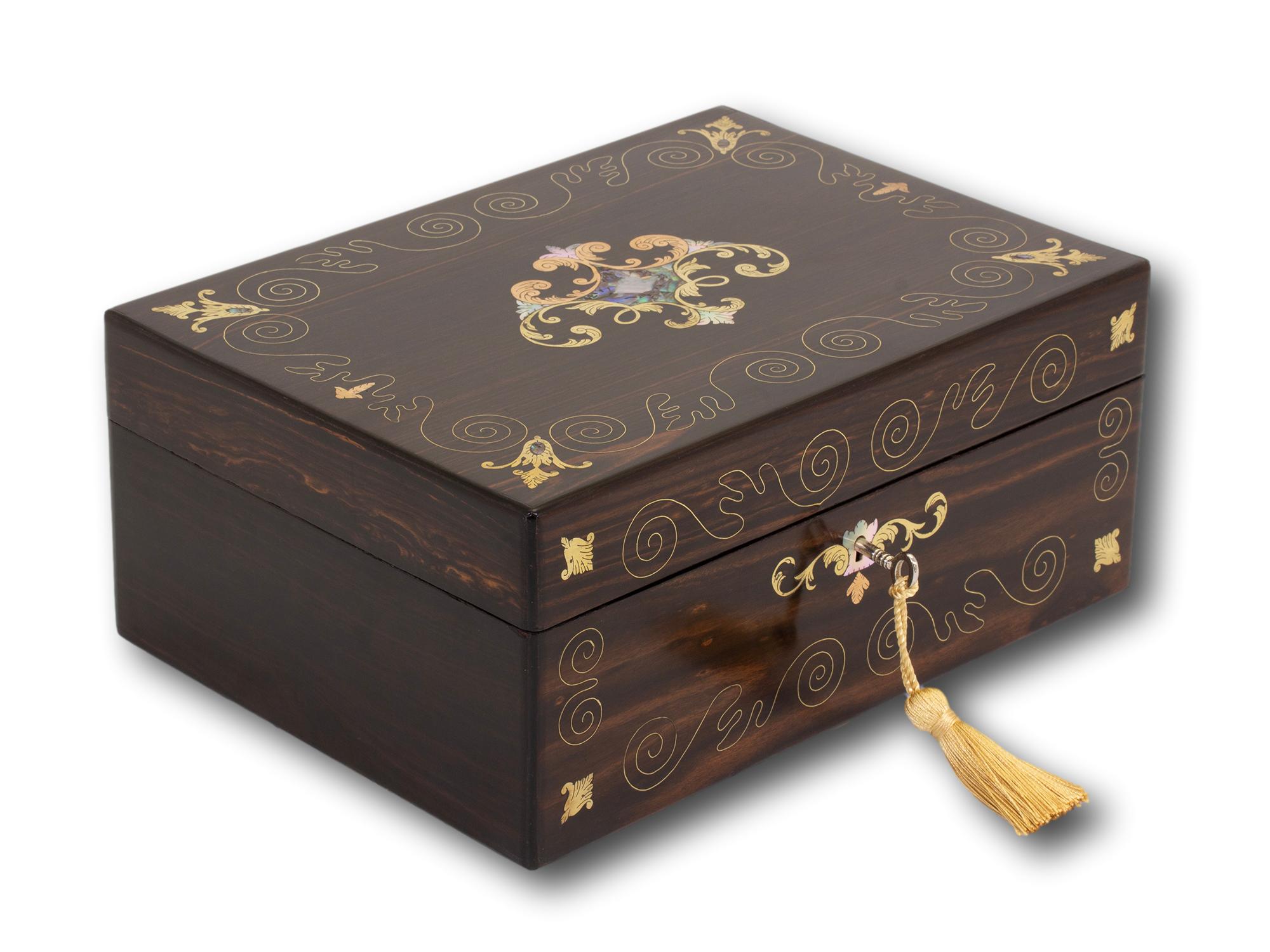 Hand-Carved Antique English Victorian Coromandel and Mother of Pearl Jewellery Box For Sale