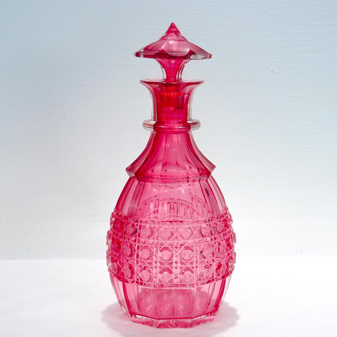 Antique English Victorian Cranberry Cut Glass Decanter In Good Condition For Sale In Philadelphia, PA