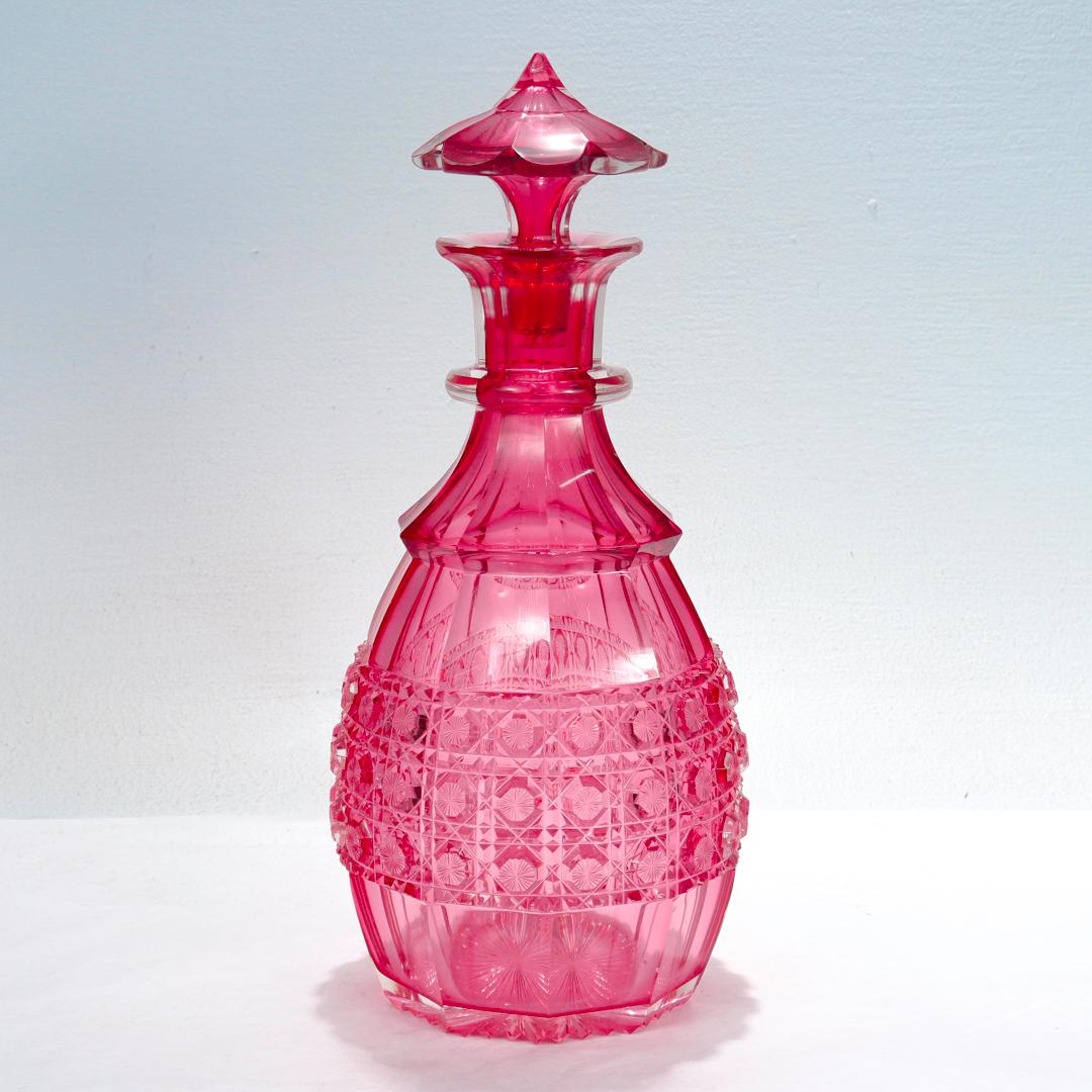 19th Century Antique English Victorian Cranberry Cut Glass Decanter For Sale