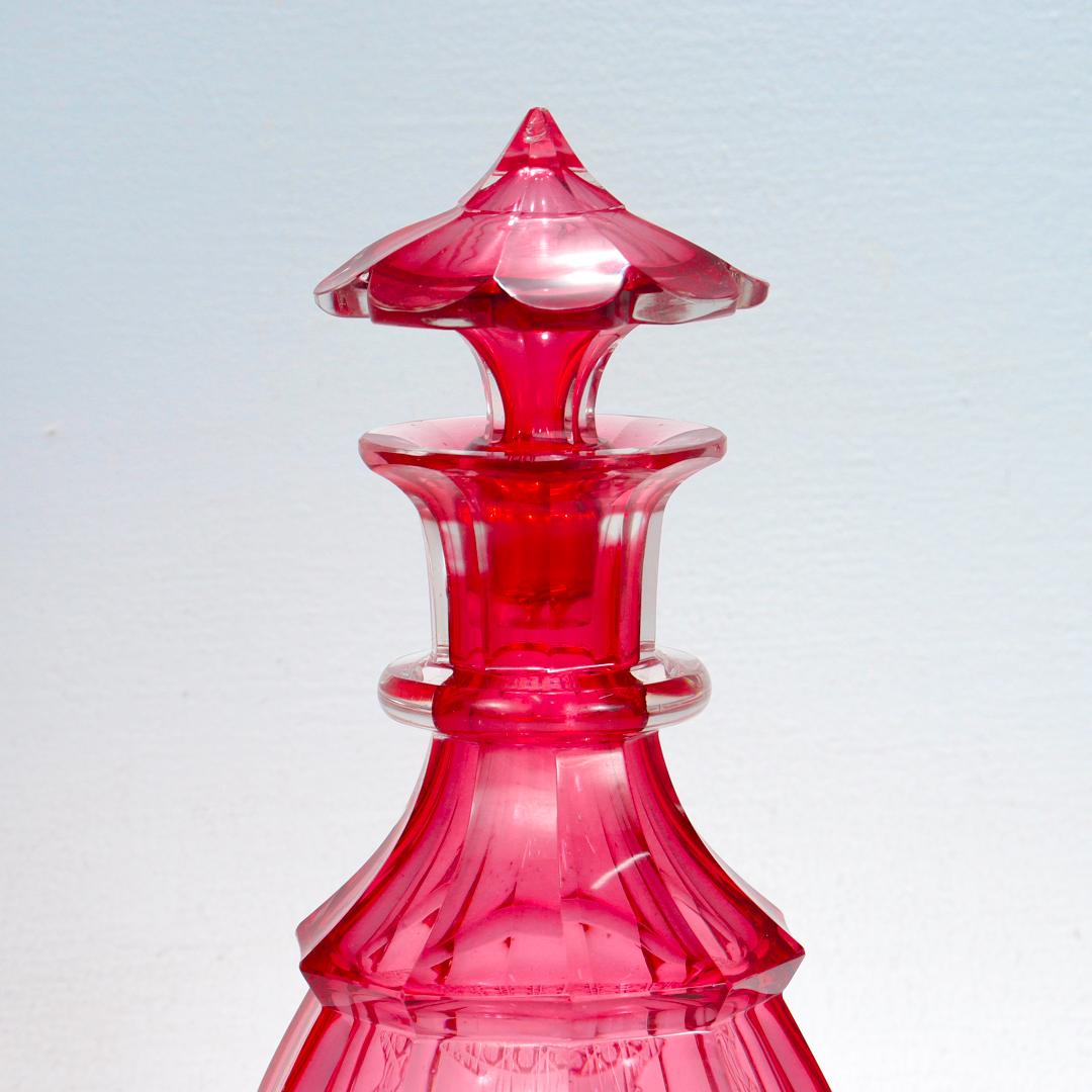 Antique English Victorian Cranberry Cut Glass Decanter For Sale 1
