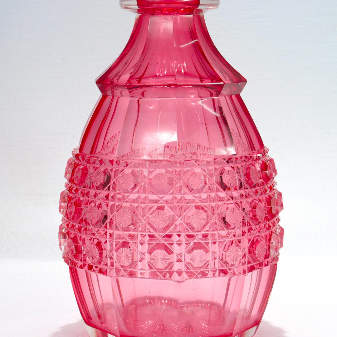Antique English Victorian Cranberry Cut Glass Decanter For Sale 2