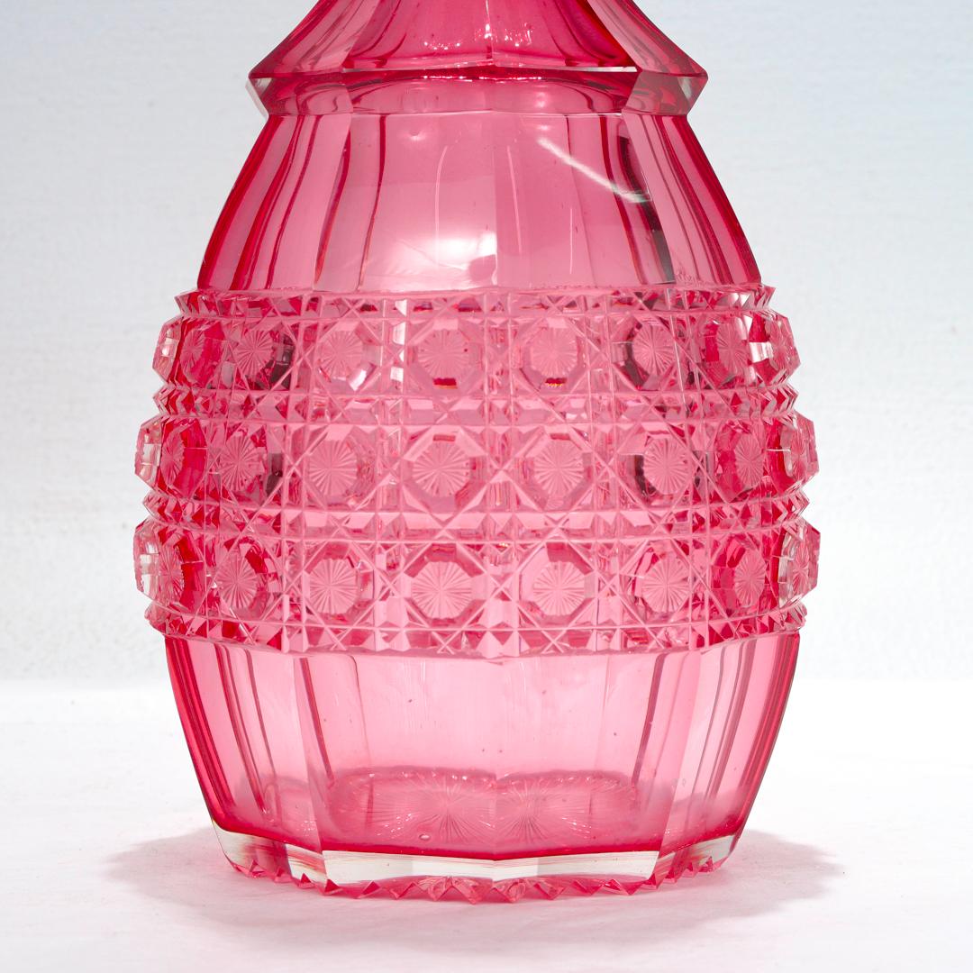 Antique English Victorian Cranberry Cut Glass Decanter For Sale 3