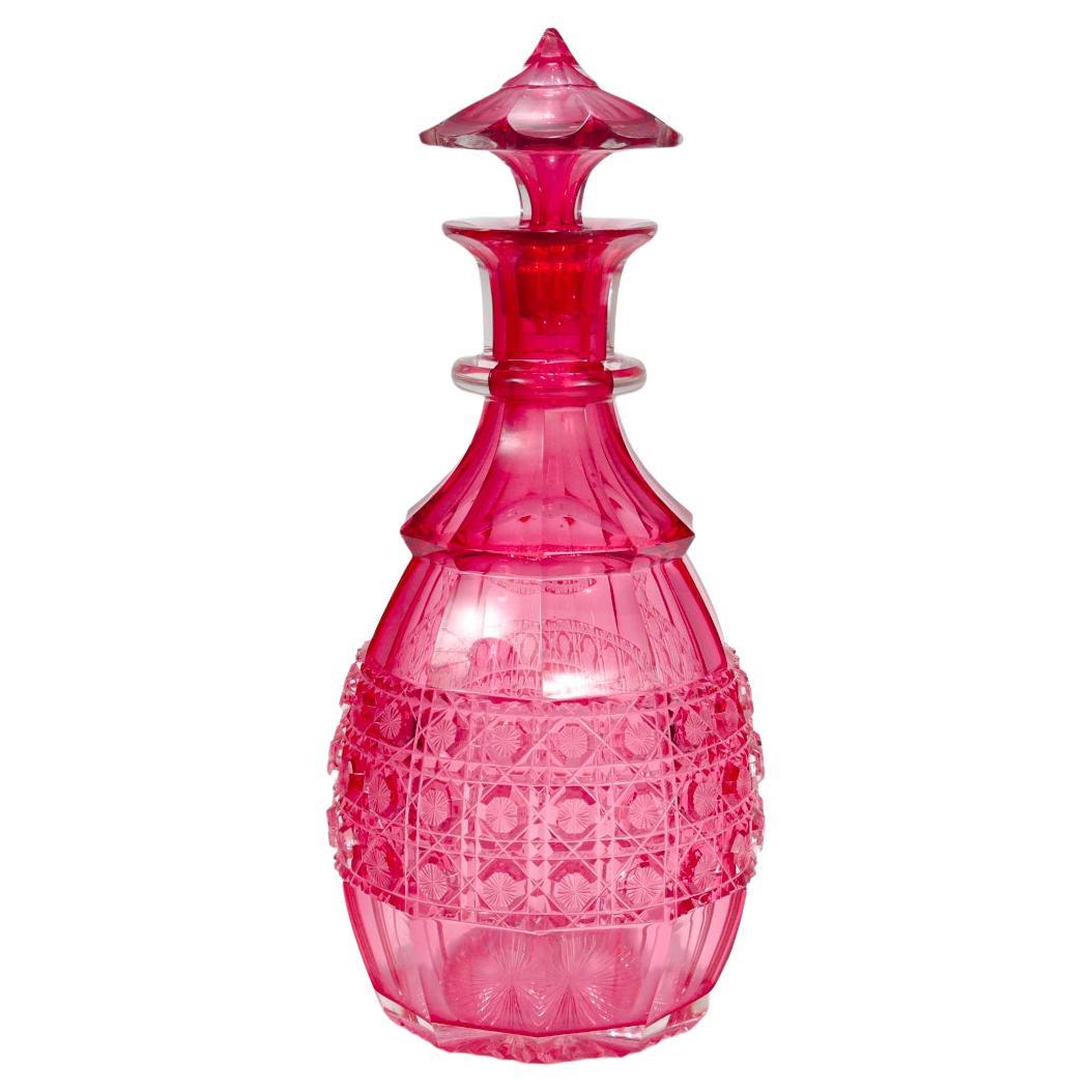 Antique English Victorian Cranberry Cut Glass Decanter For Sale