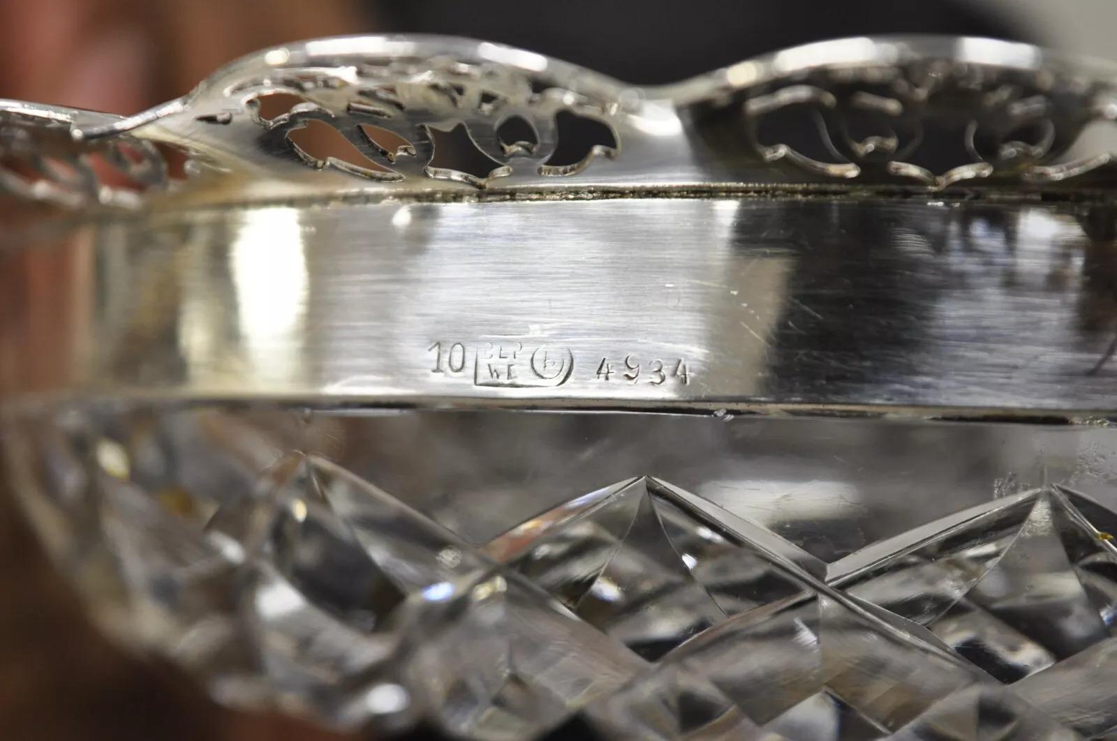 Antique English Victorian Cut Crystal Silver Plated Gallery Ashtray Trinket Dish. Circa Early 20th Century. Measurements: 1.5
