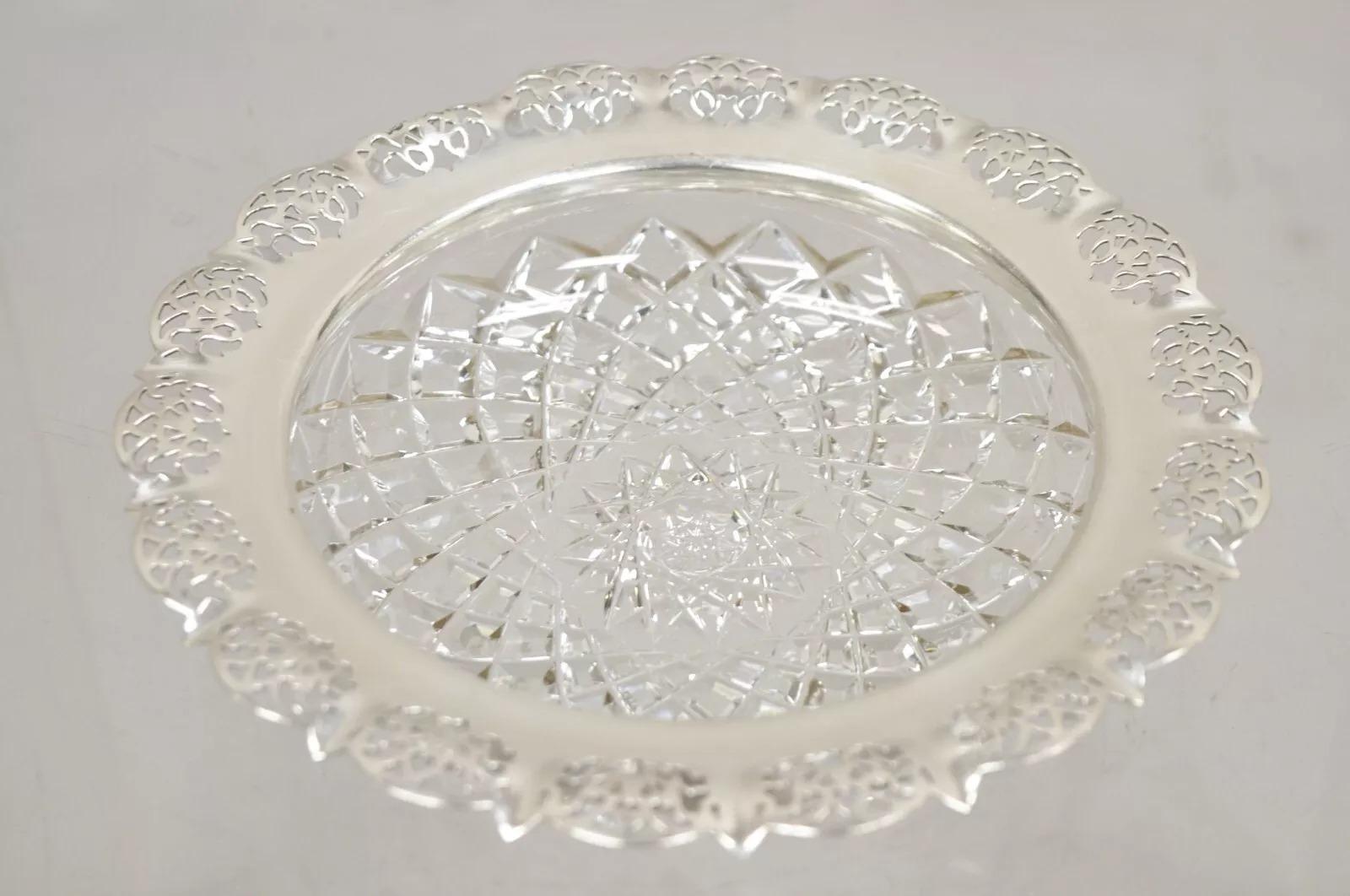 Unknown Antique English Victorian Cut Crystal Silver Plated Gallery Ashtray Trinket Dish For Sale