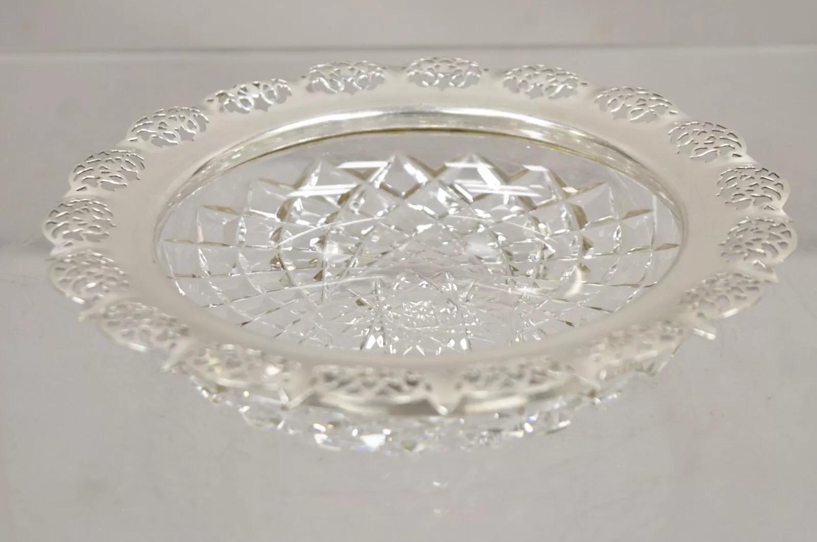 Antique English Victorian Cut Crystal Silver Plated Gallery Ashtray Trinket Dish In Good Condition For Sale In Philadelphia, PA