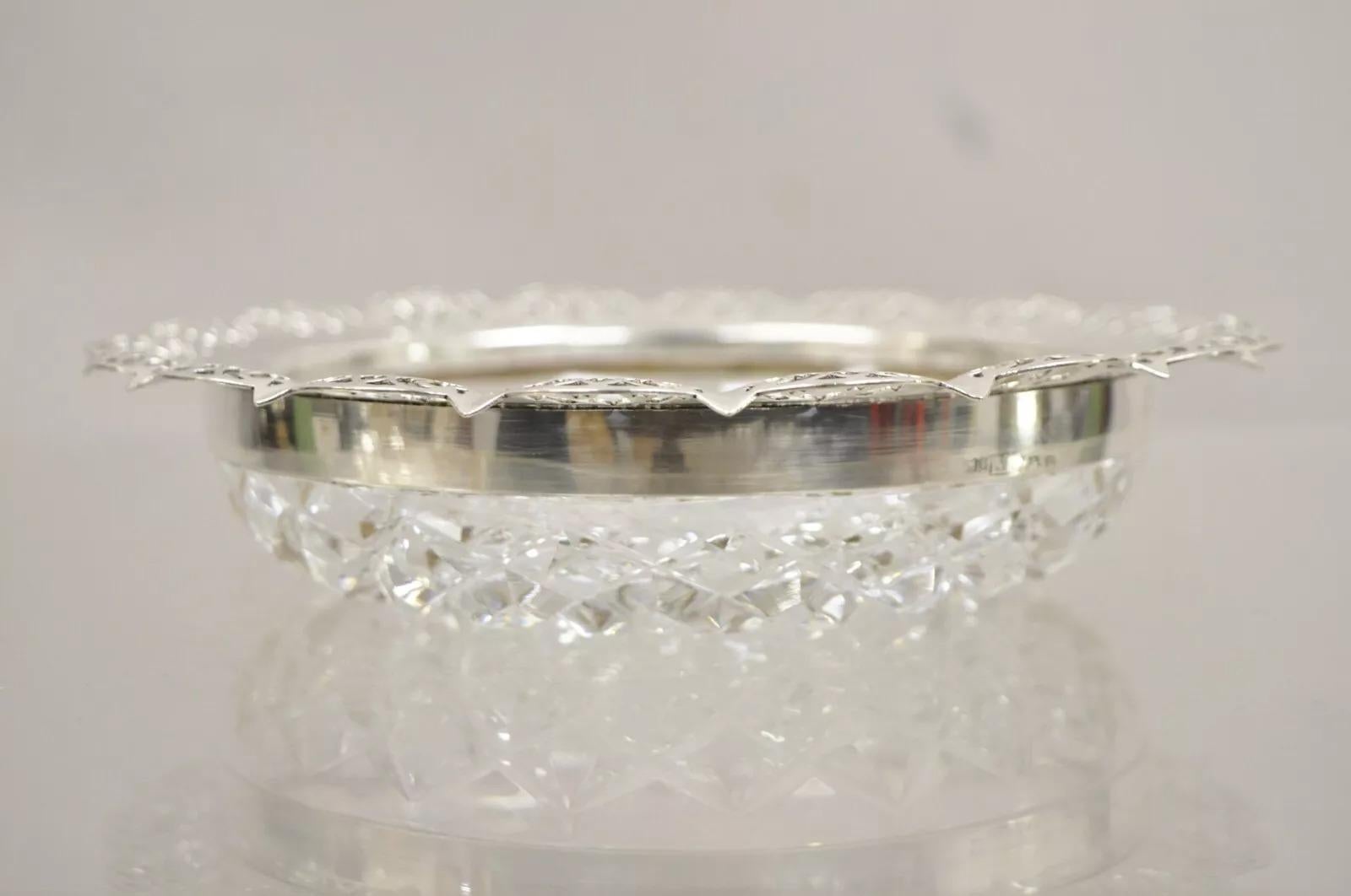 20th Century Antique English Victorian Cut Crystal Silver Plated Gallery Ashtray Trinket Dish For Sale
