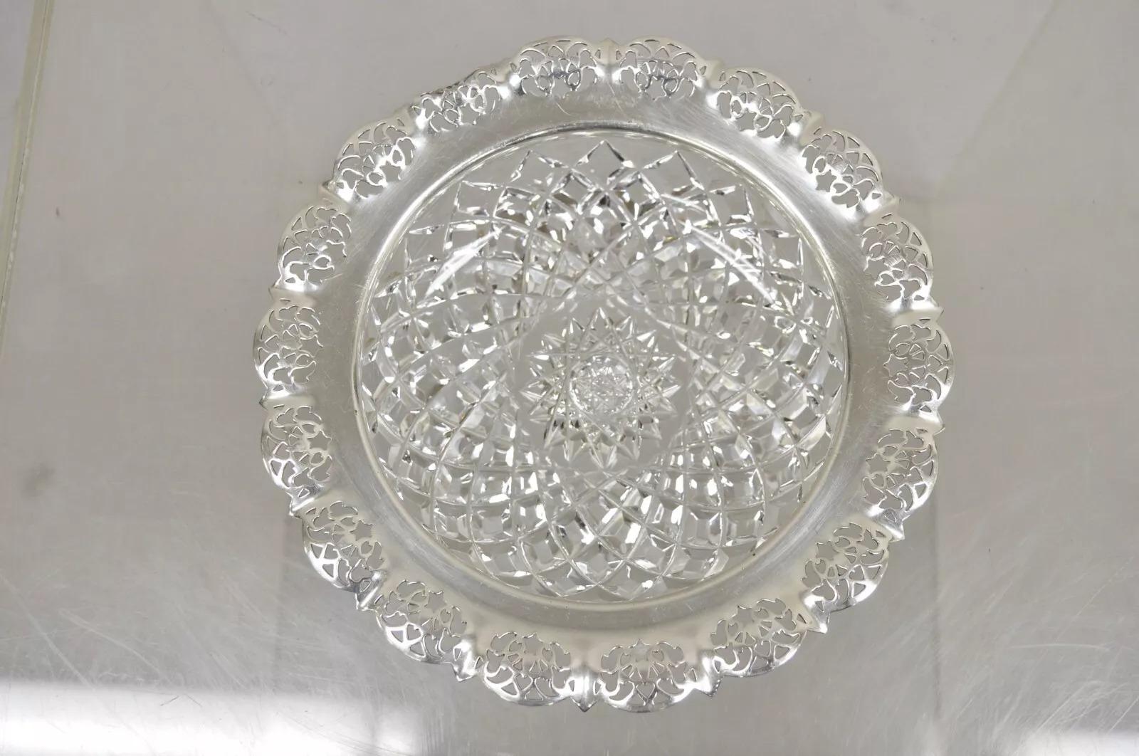 Antique English Victorian Cut Crystal Silver Plated Gallery Ashtray Trinket Dish For Sale 1