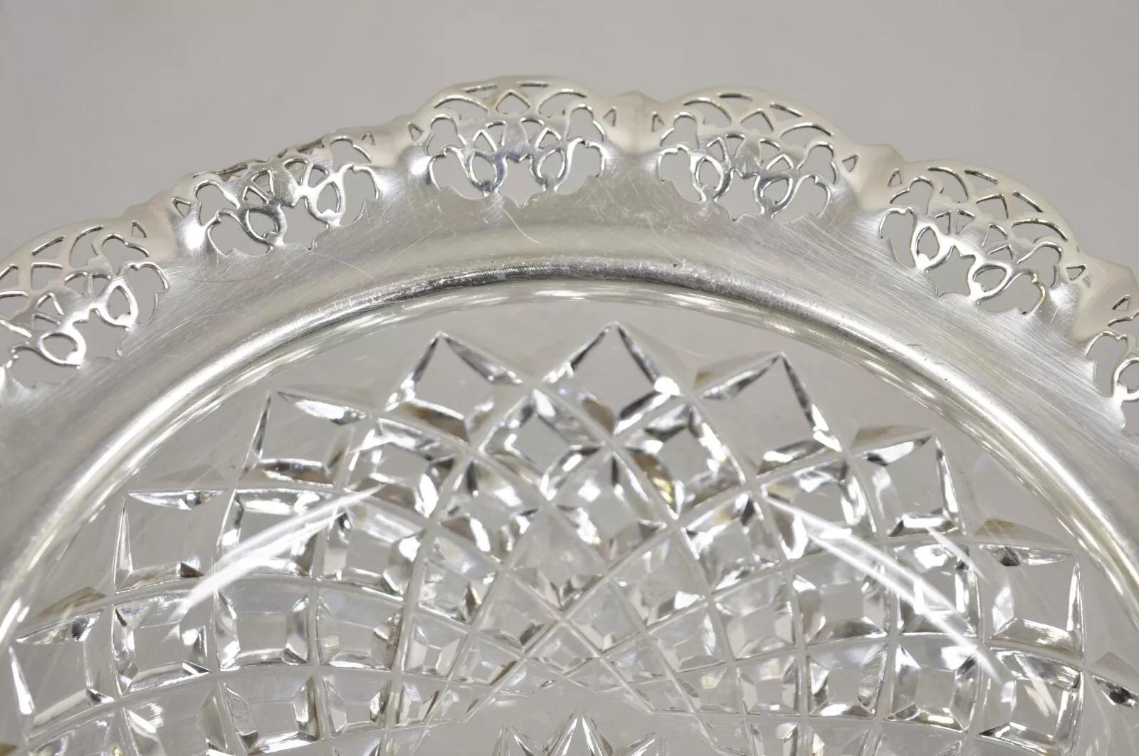 Antique English Victorian Cut Crystal Silver Plated Gallery Ashtray Trinket Dish For Sale 2