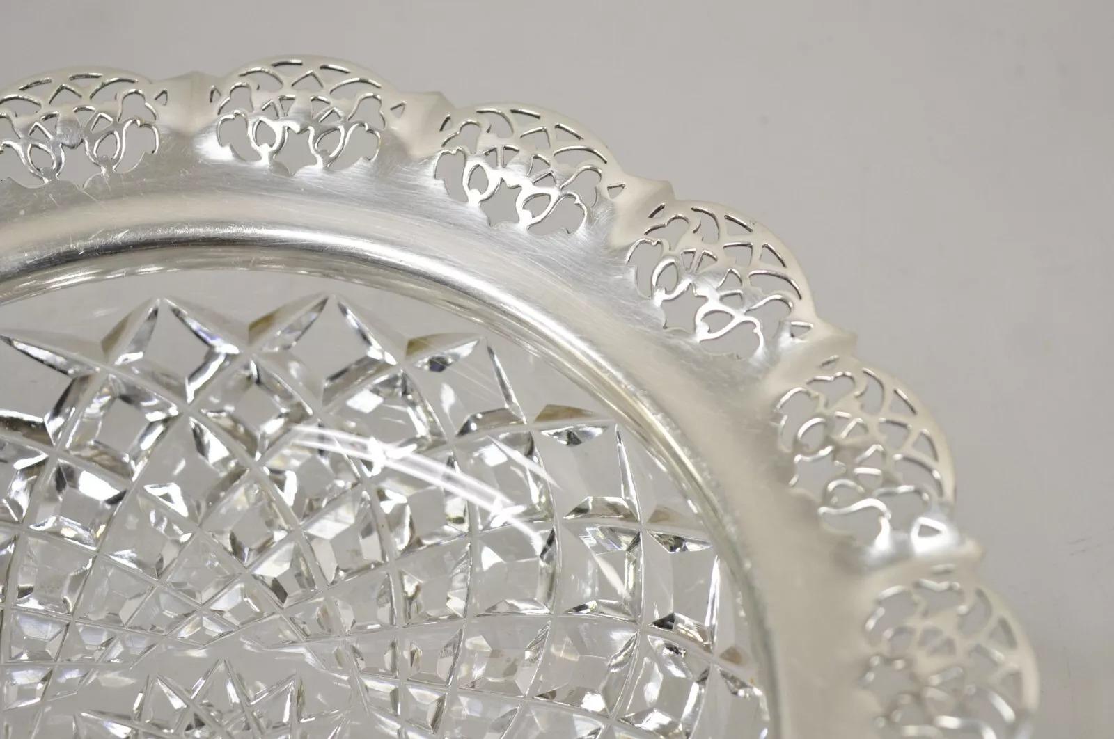 Antique English Victorian Cut Crystal Silver Plated Gallery Ashtray Trinket Dish For Sale 3