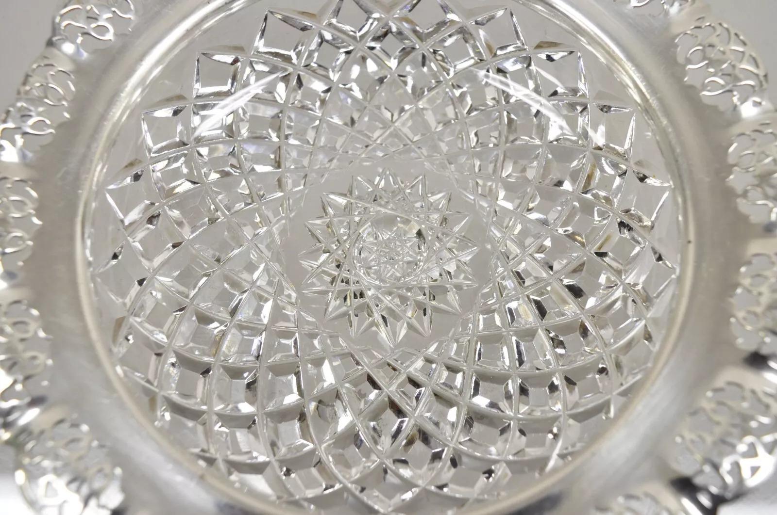 Antique English Victorian Cut Crystal Silver Plated Gallery Ashtray Trinket Dish For Sale 4