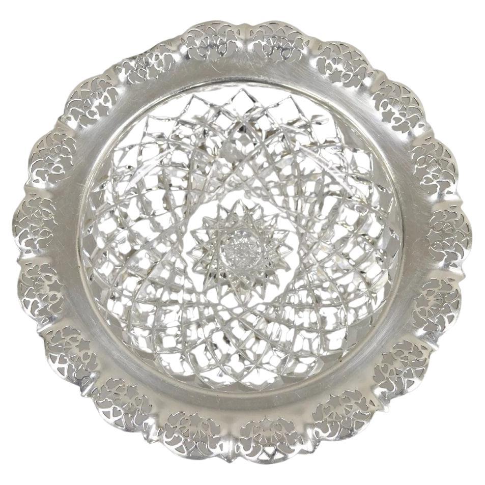 Antique English Victorian Cut Crystal Silver Plated Gallery Ashtray Trinket Dish For Sale