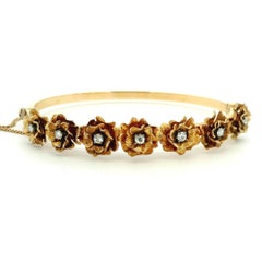 Antico bracciale vittoriano inglese con diamante e rosa selvatica in oro 15 K.