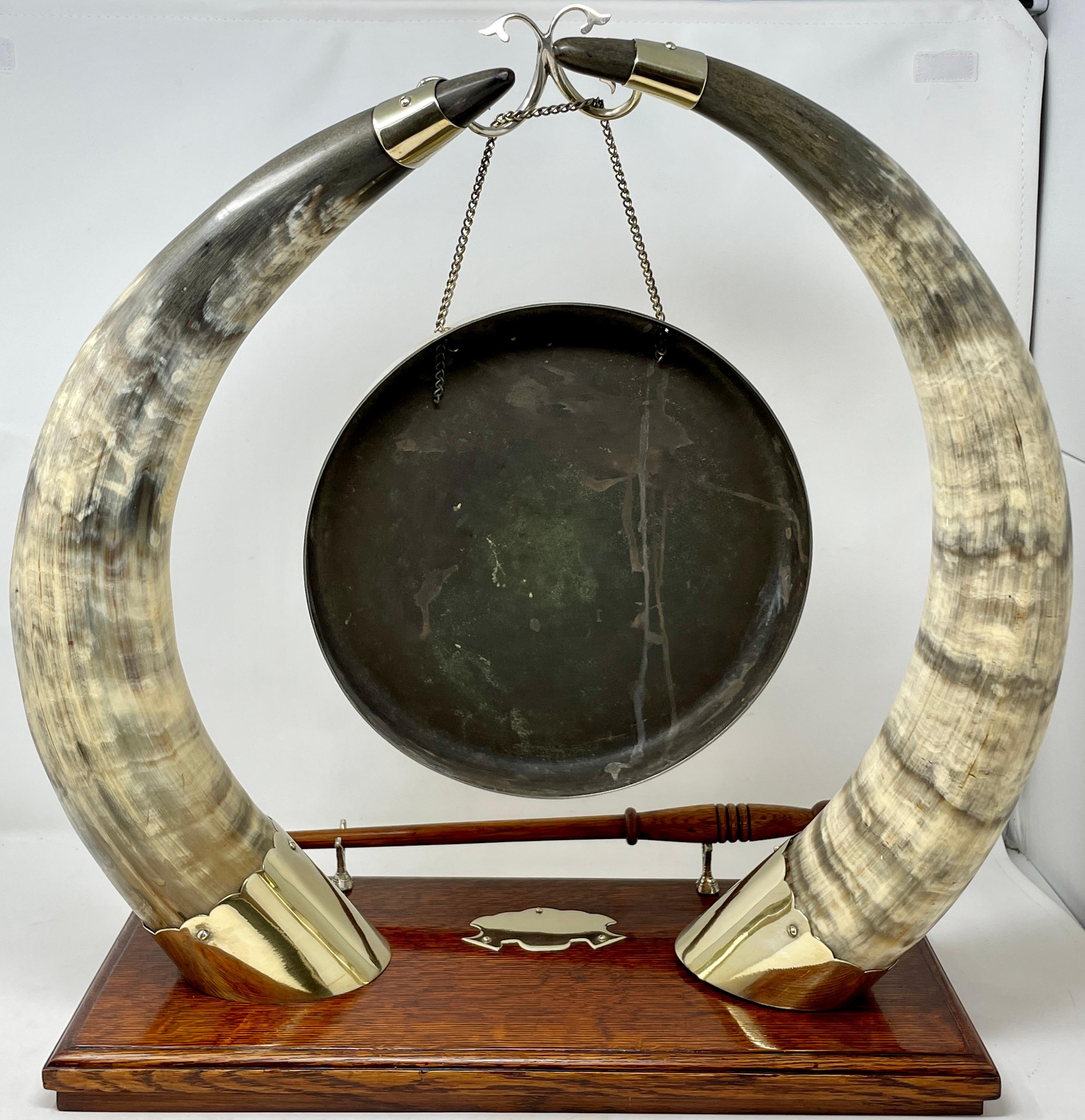 Antique English Victorian Dinner Gong with Sheffield Silver-Plated Bovine Horns For Sale 4