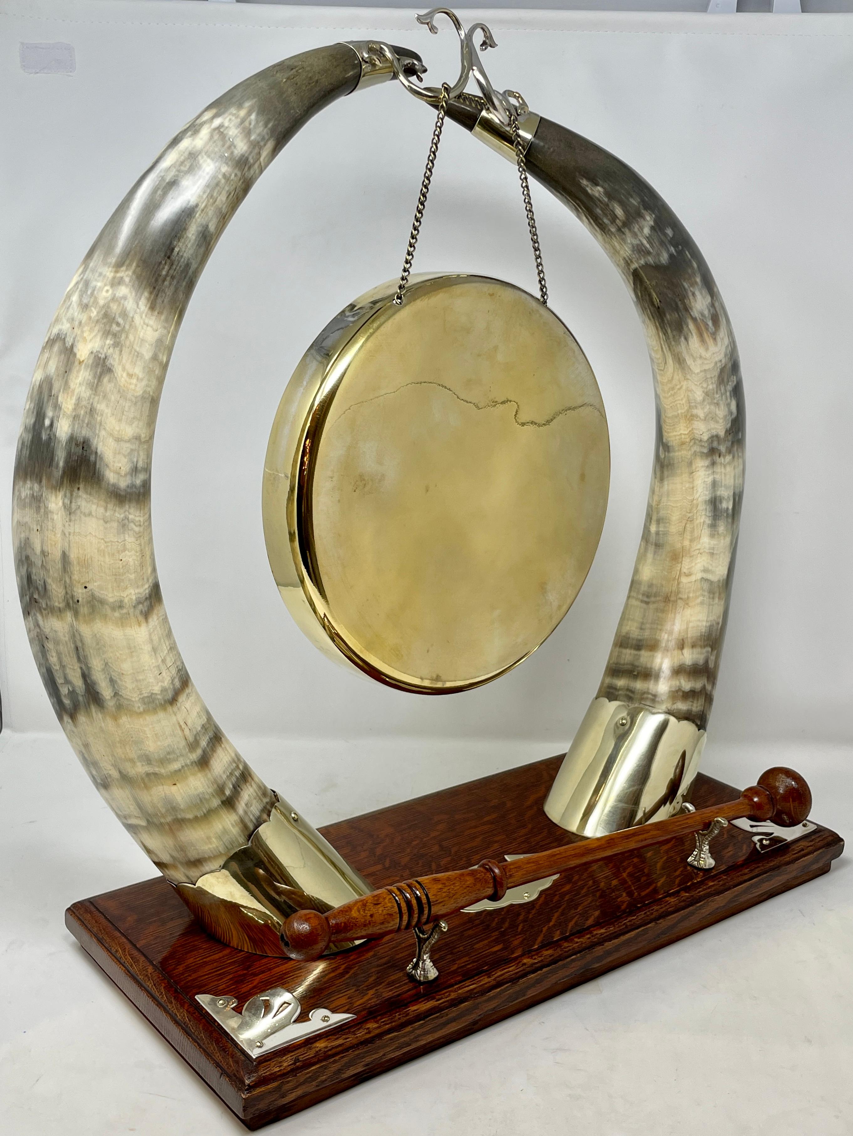 Antique English Victorian Dinner Gong with Sheffield Silver-Plated Bovine Horns For Sale 2